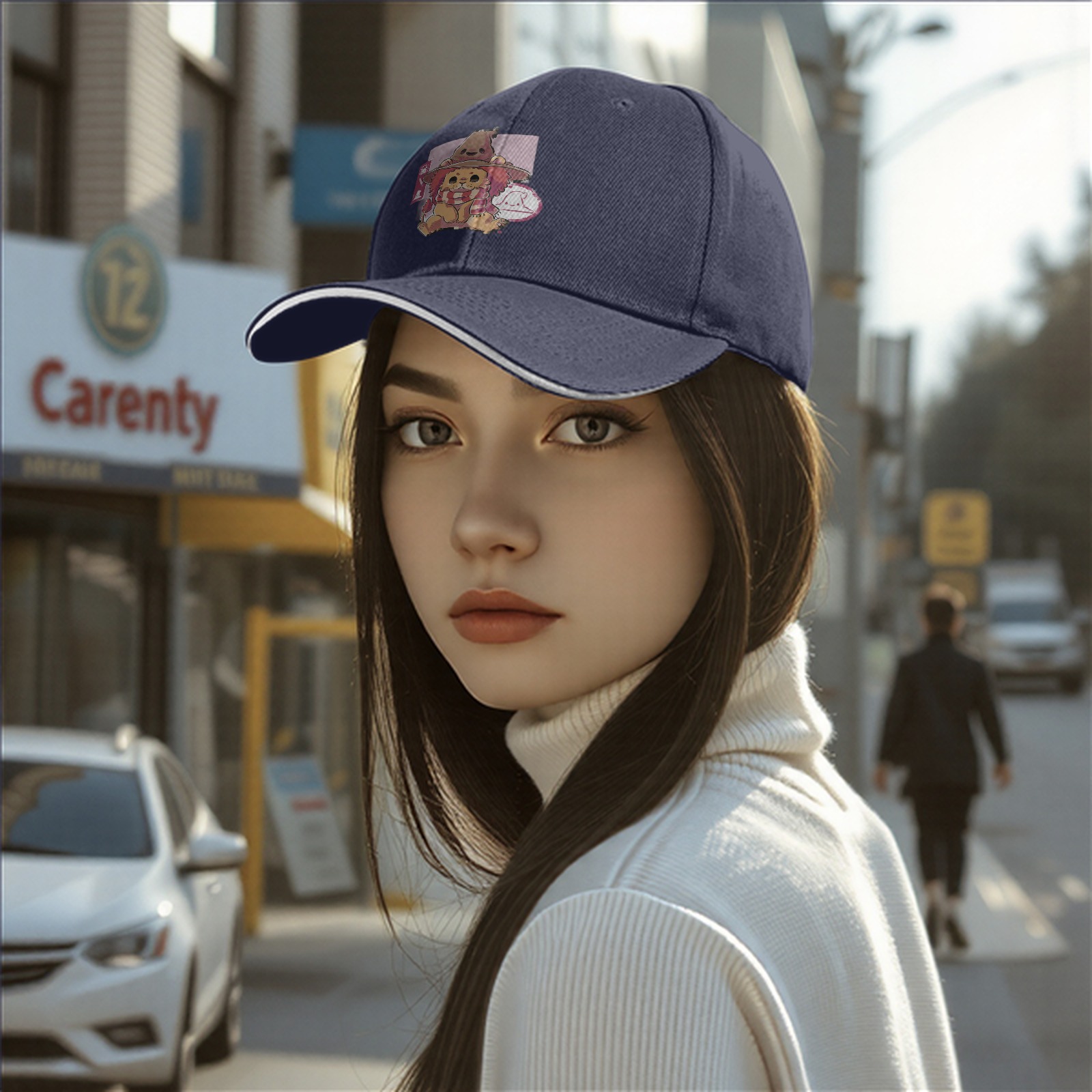 Black Baseball Cap With Cute Witch Lion Graphic Print