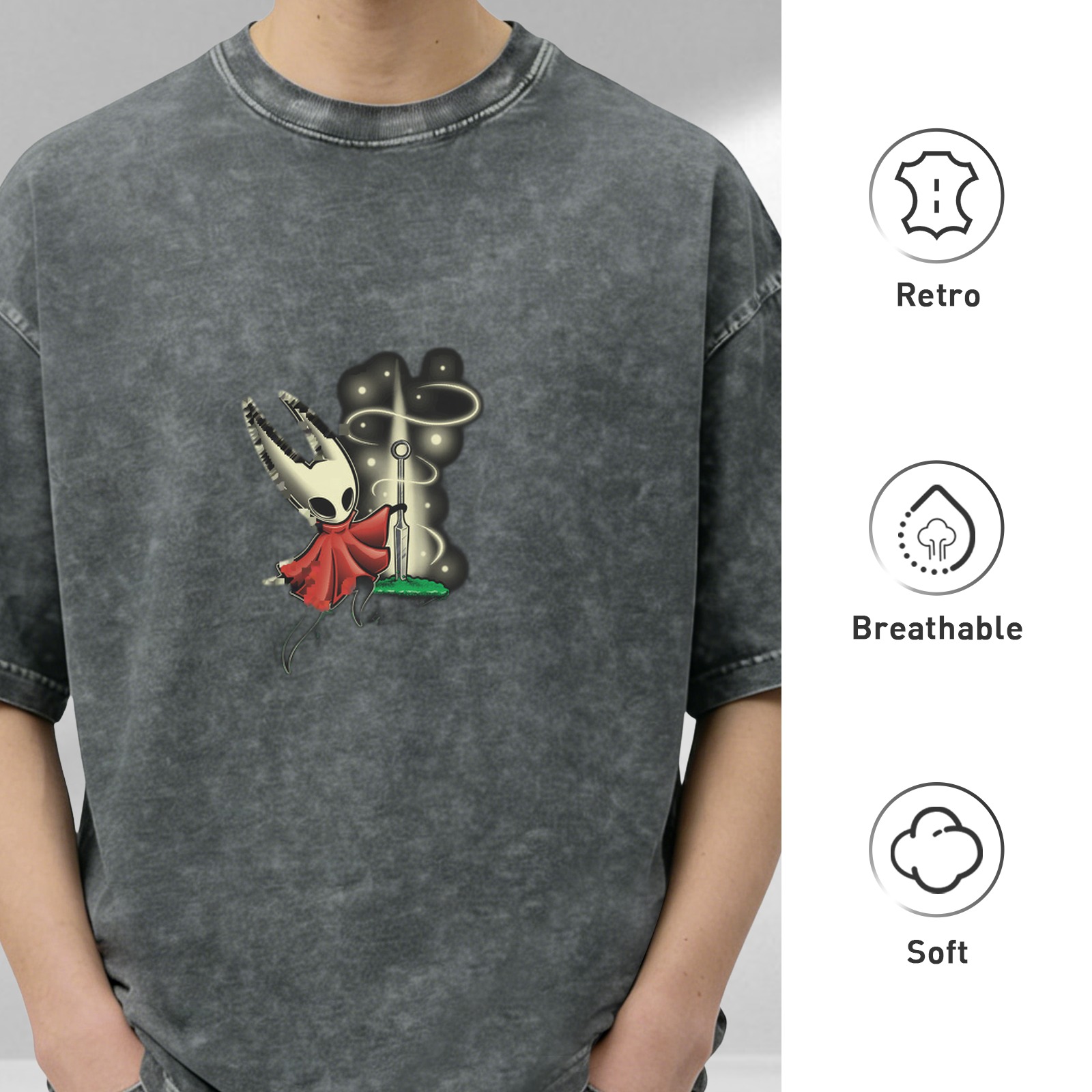 Oversized dark washed graphic tee with Hollow Knight character print
