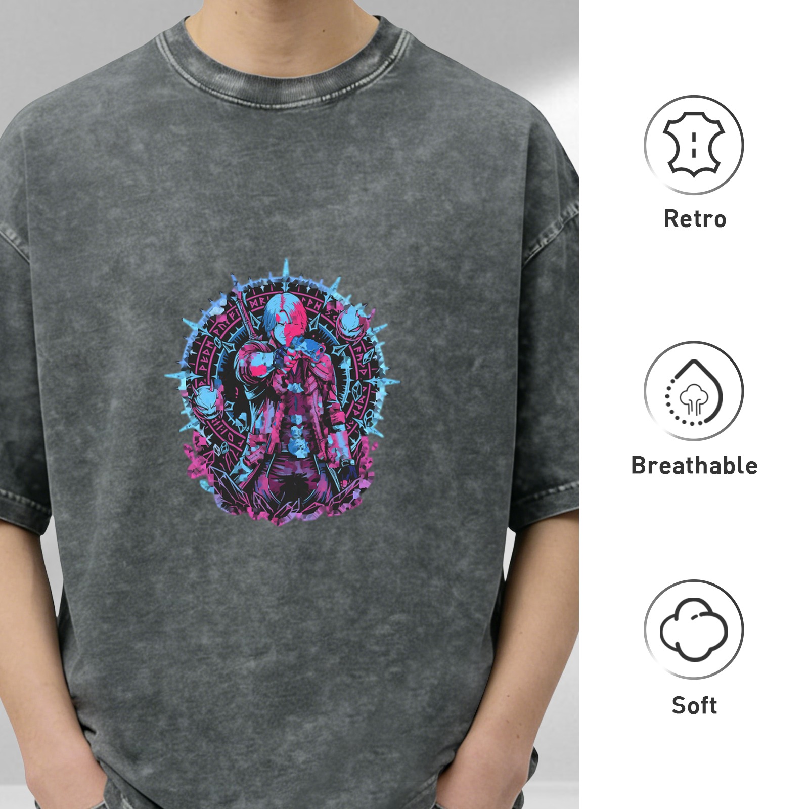 Washed Black Graphic T-Shirt with Neon Fantasy Character Print
