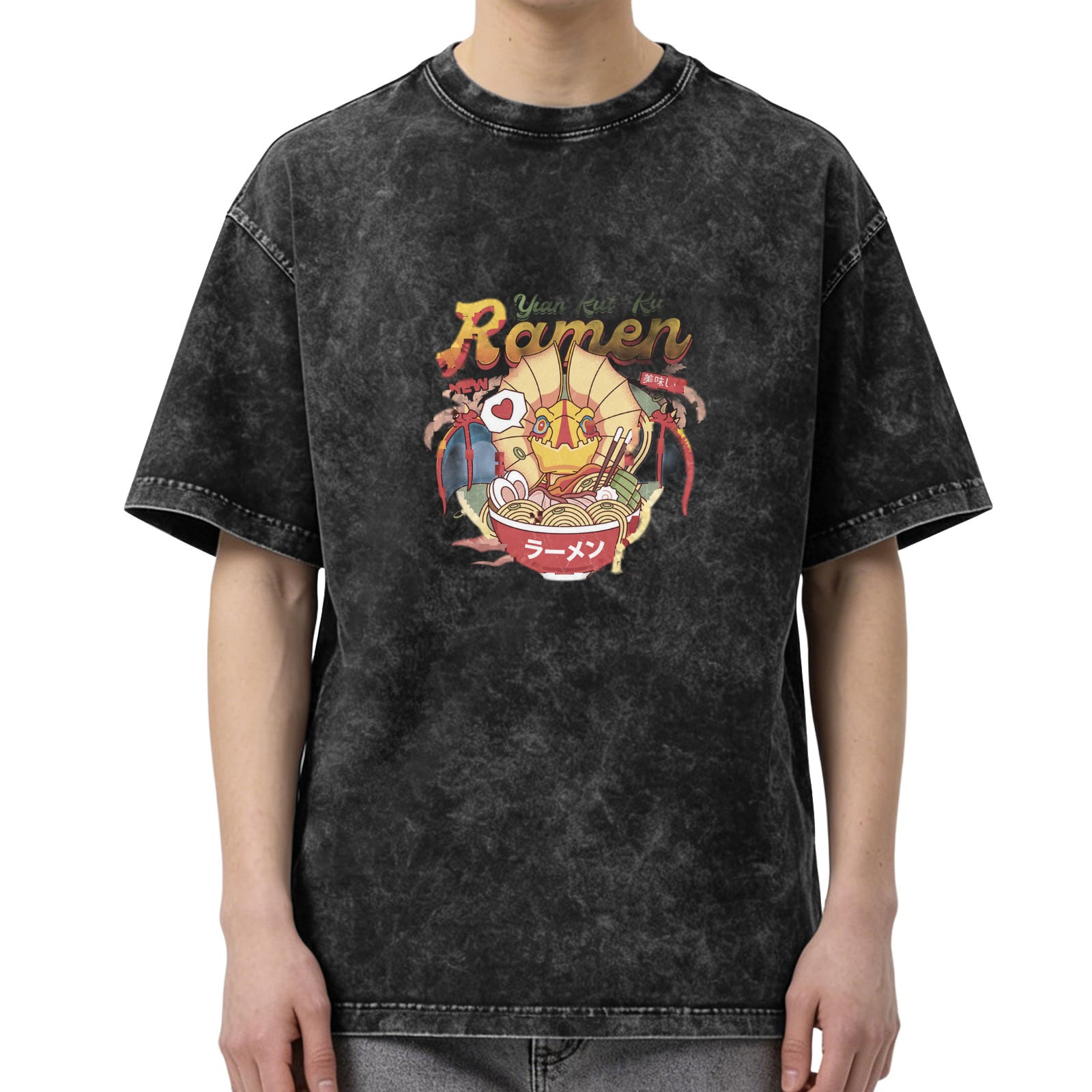 Oversized Acid Wash T-Shirt with Ramen Anime Graphic