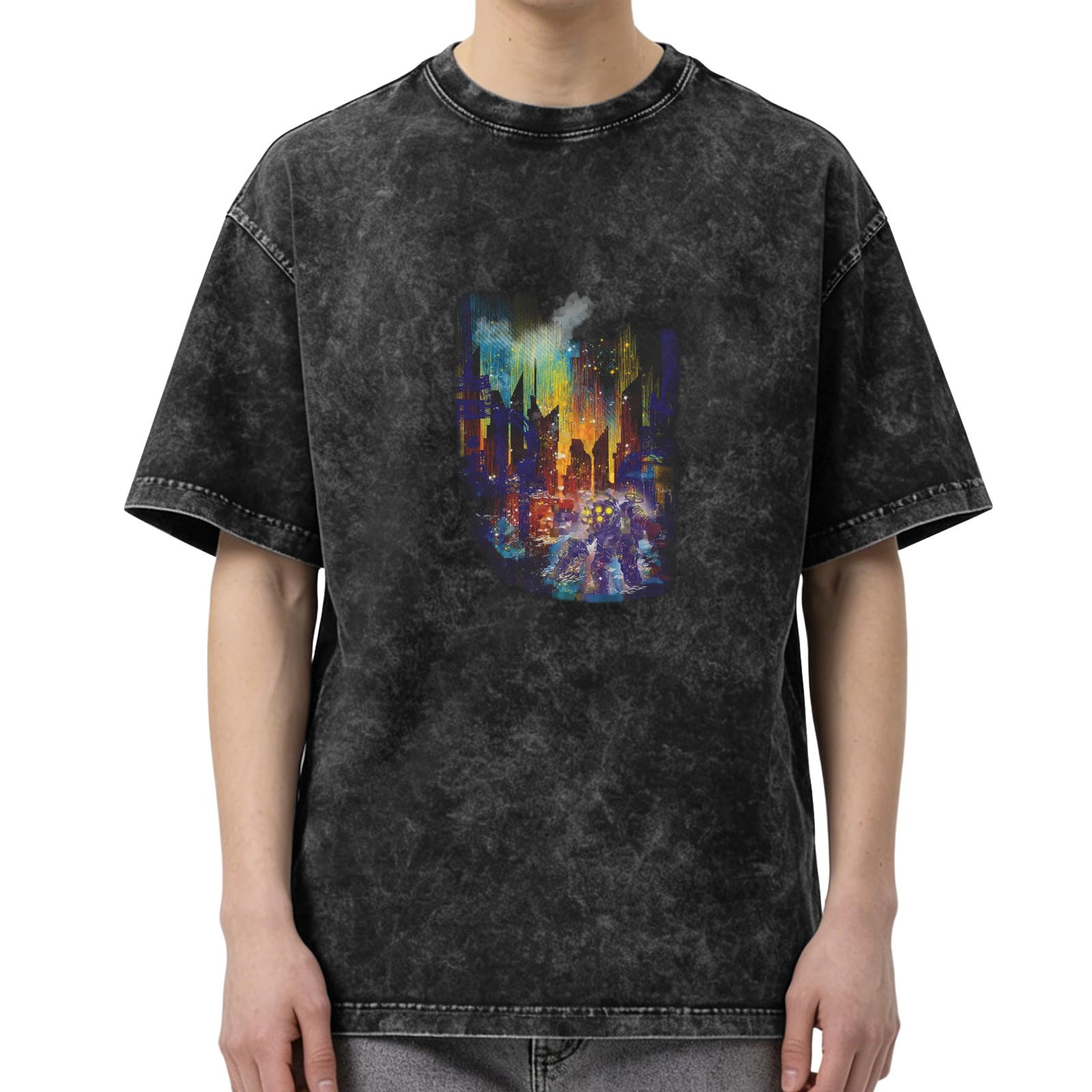 Men's distressed washed black loose short-sleeved T-shirt city night graffiti printed casual top