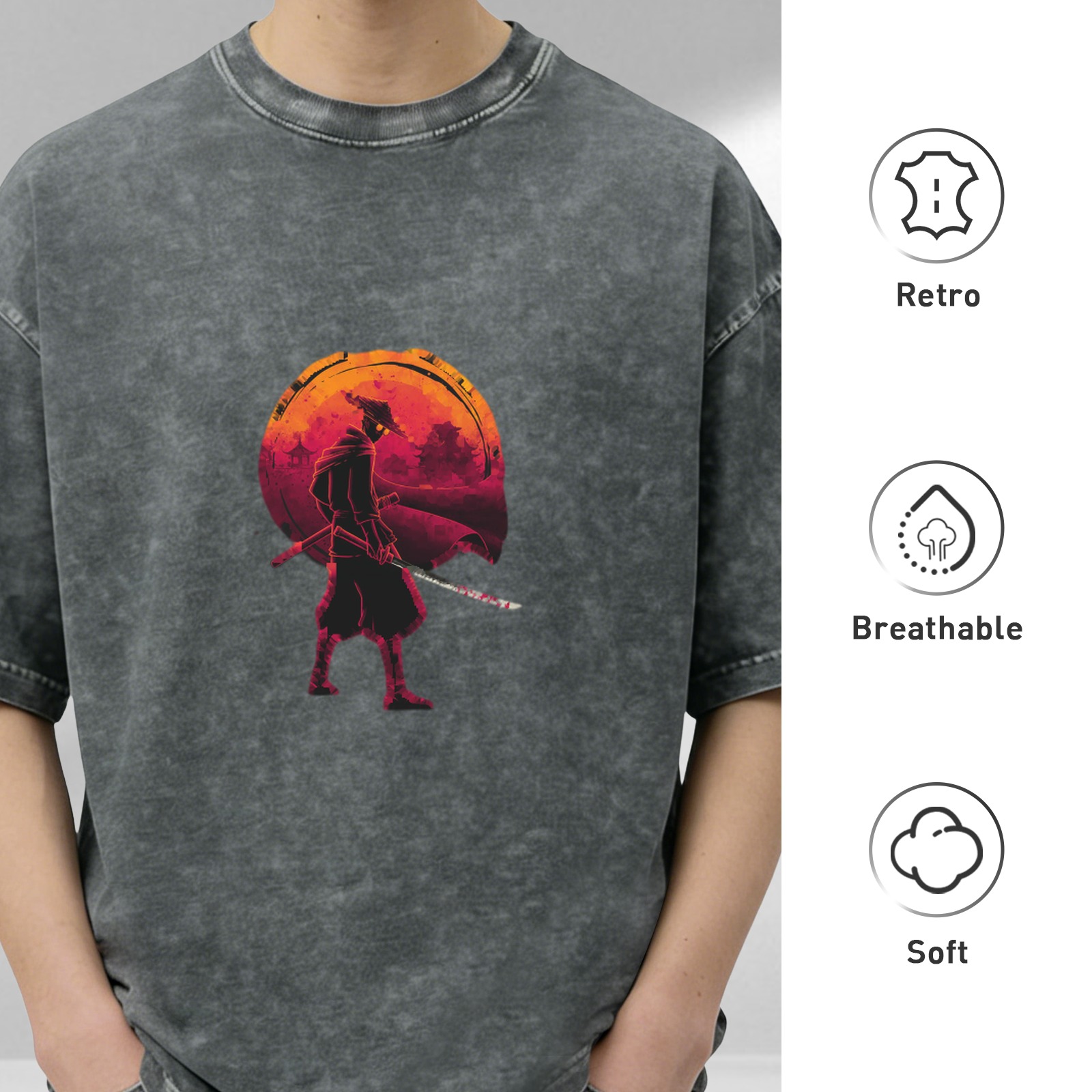 Oversized Acid Wash T-Shirt With Samurai Silhouette Sunset Print
