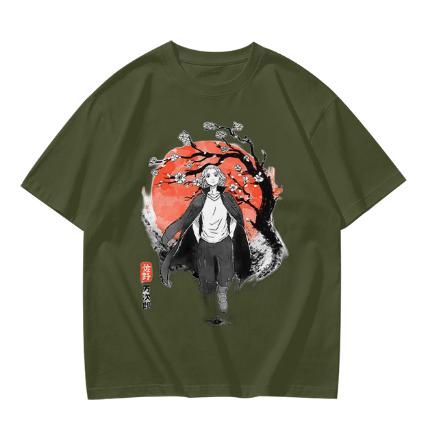 Anime Character with Cherry Blossom Red Moon Graphic T-Shirt