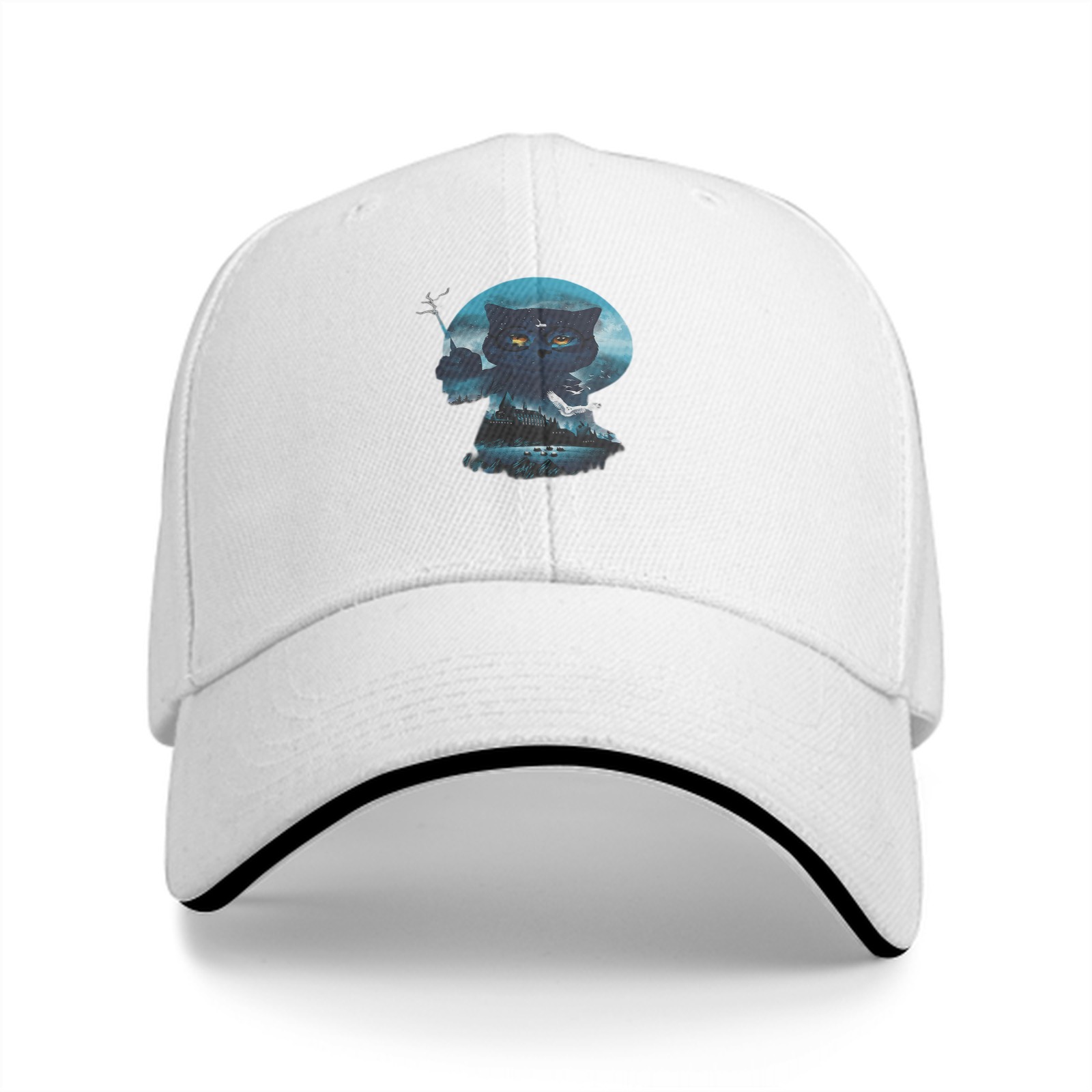 Black Baseball Cap With Mystical Owl Moon Graphic Design