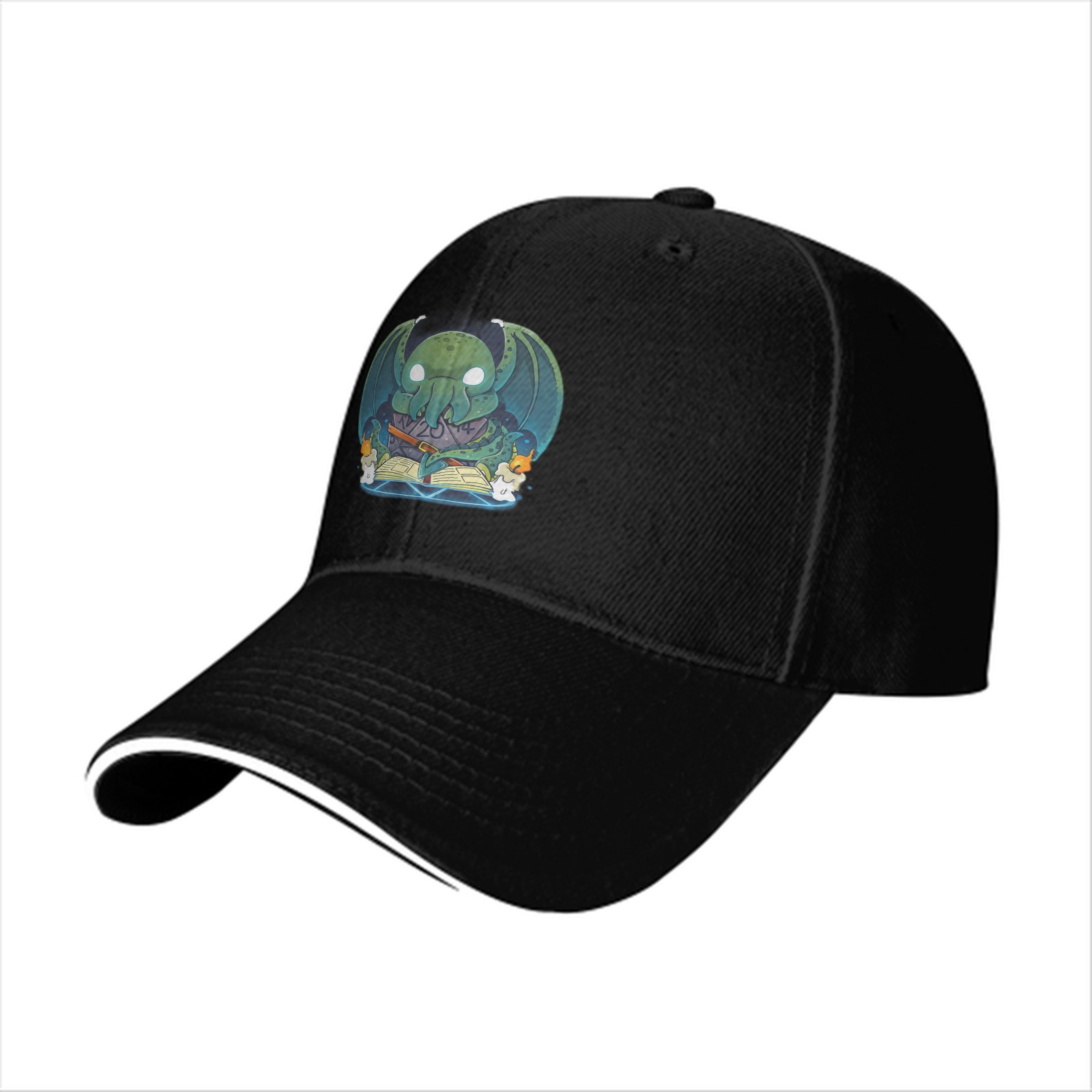 Black Baseball Cap With Cute Cthulhu Reading Spellbook Art