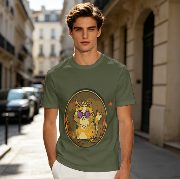 Olive T-Shirt With Flaming Royal Cat Wearing Sunglasses Print