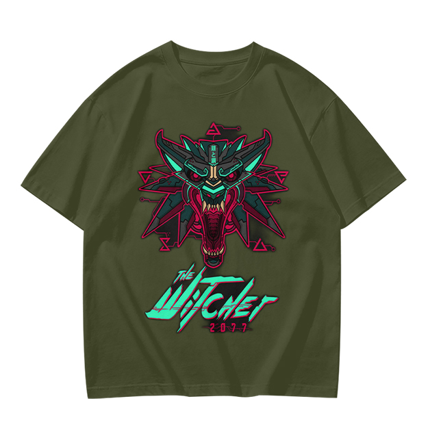 Olive green t-shirt with cyberpunk witcher wolf head graphic