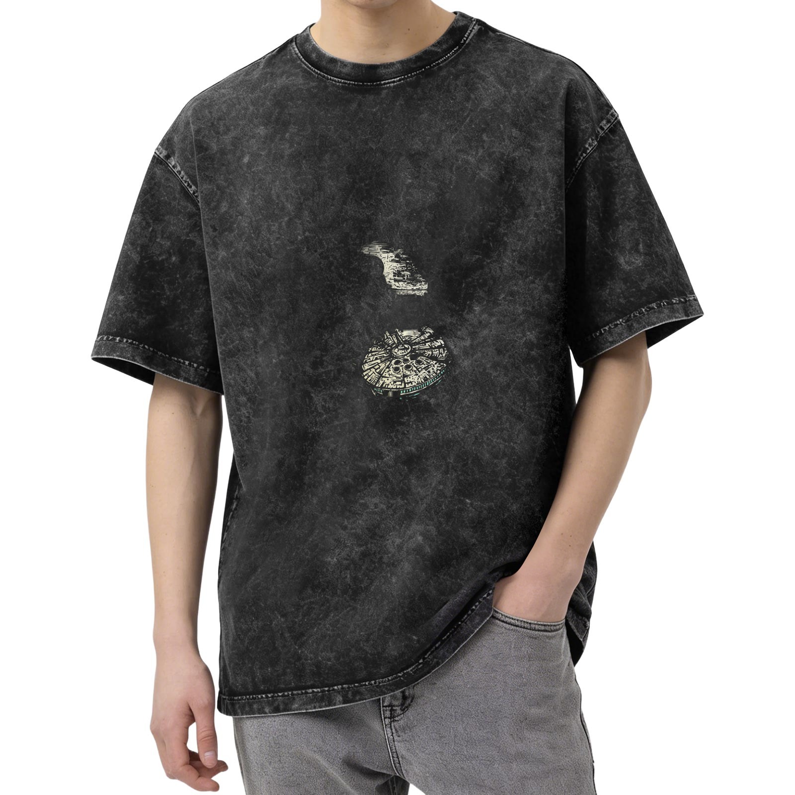 Distressed black and gray printed loose short-sleeved T-shirt