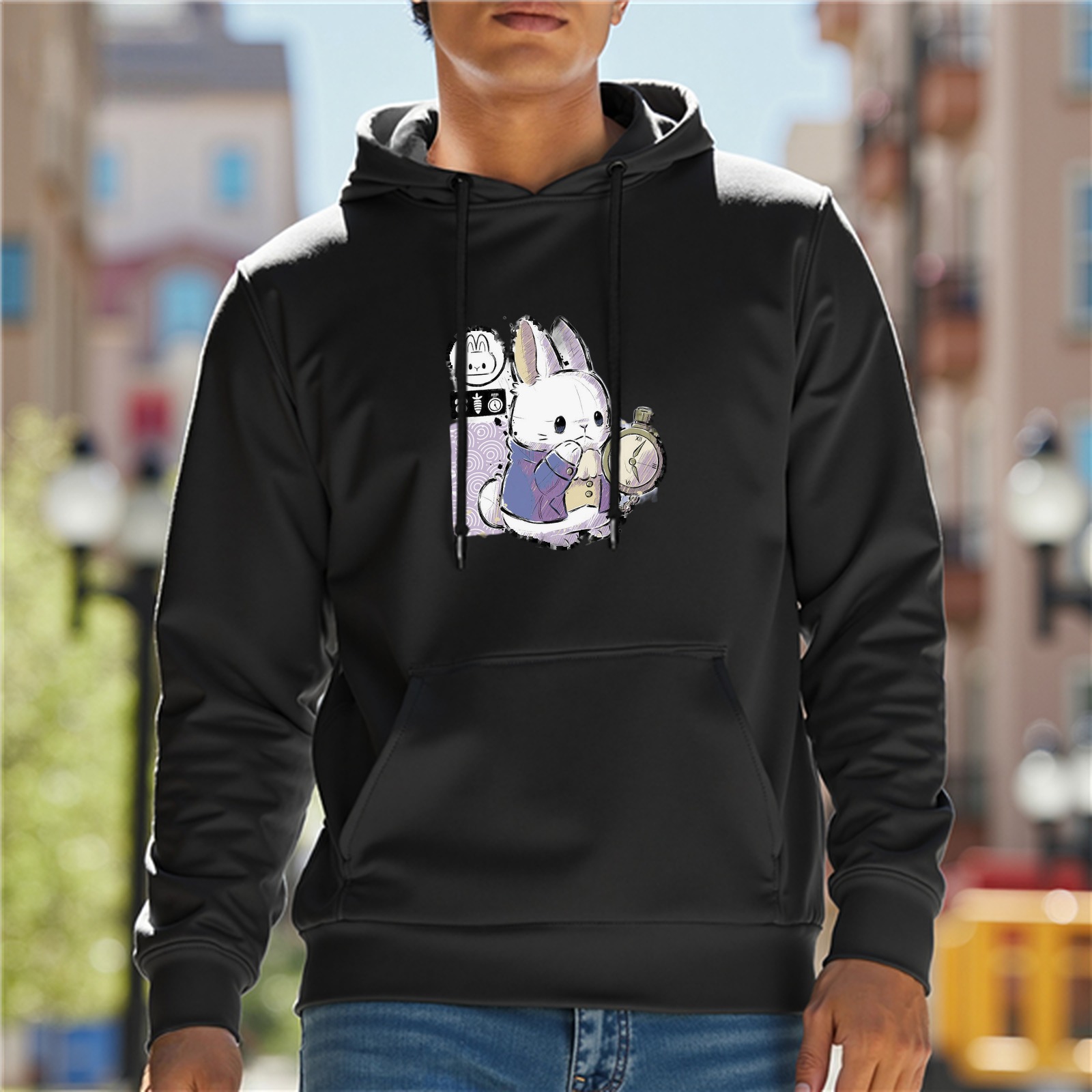 Black Hoodie With White Rabbit Holding Pocket Watch Graphic