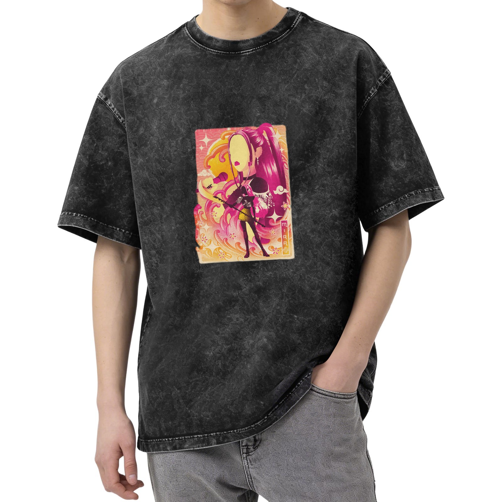 Oversized Acid Wash T-Shirt With Anime Style Graphic Print