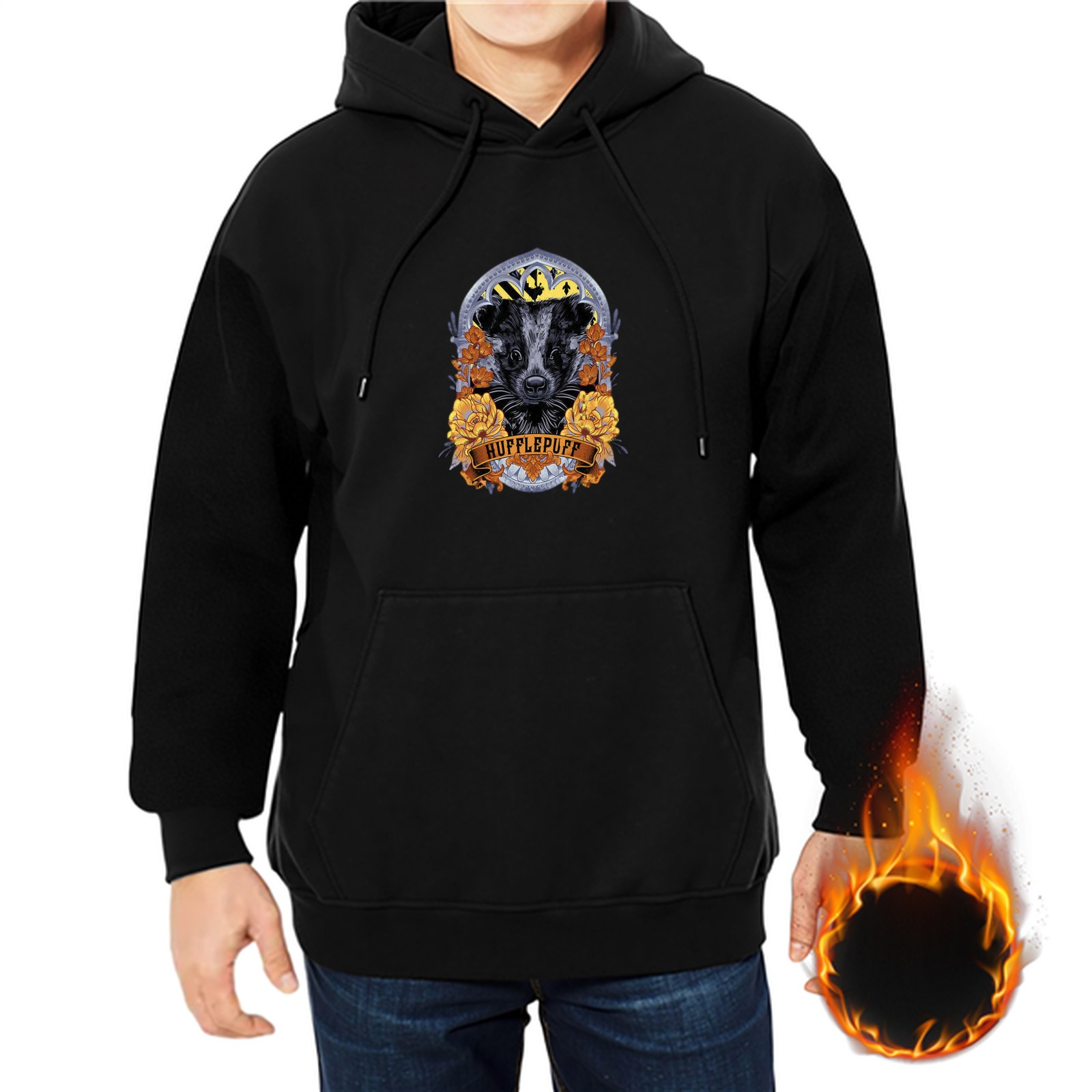 Black Hufflepuff Badger Crest Graphic Hoodie for Harry Potter Fans