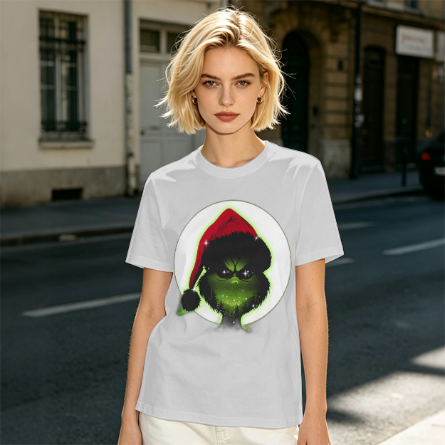 Olive Green T-Shirt With Grinch Wearing Santa Hat Graphic