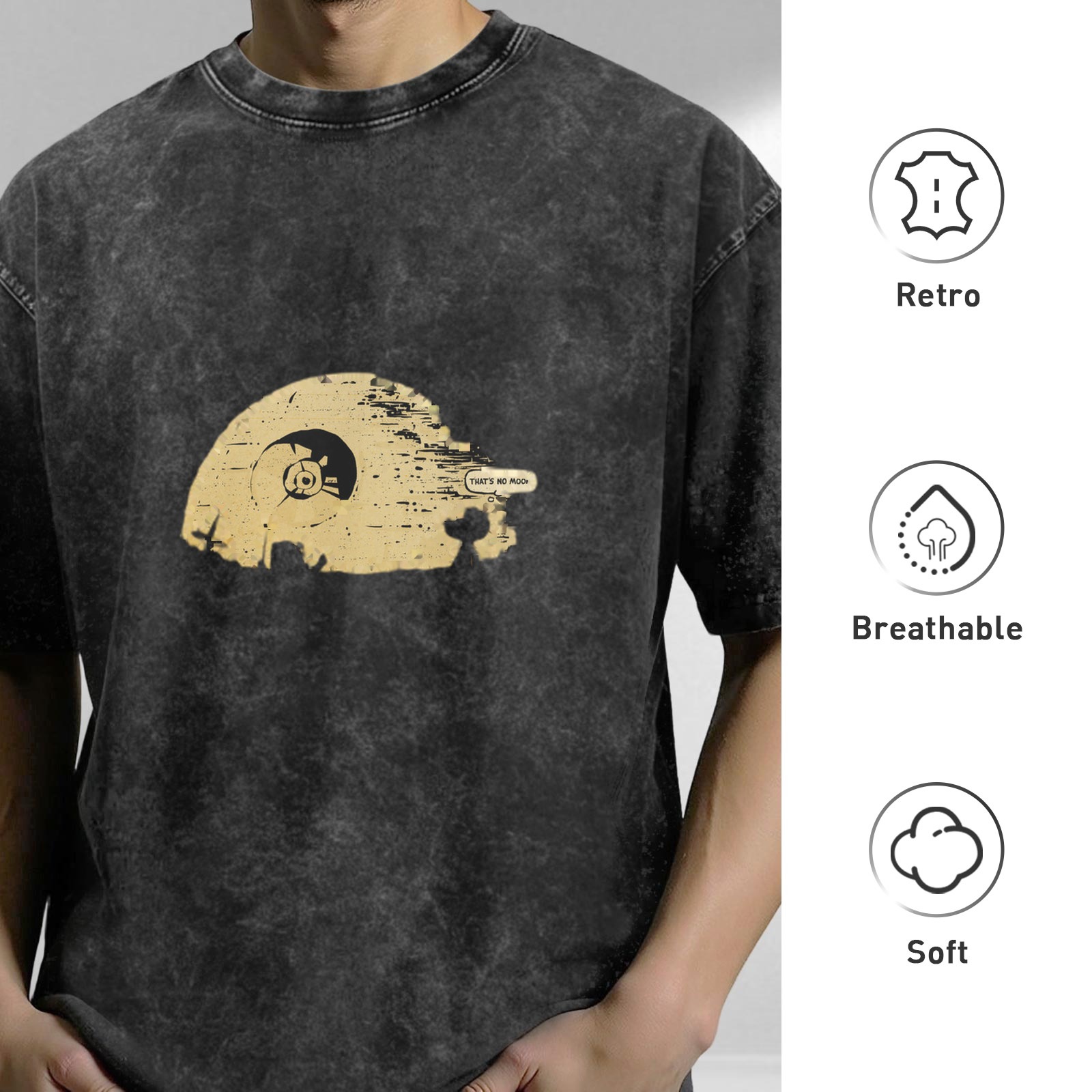 Distressed washed black Star Wars theme T-shirt round neck short-sleeved casual top