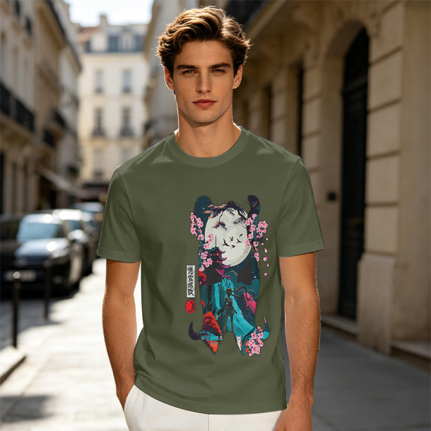 Olive T-shirt with Japanese-inspired moon and cherry blossom graphic
