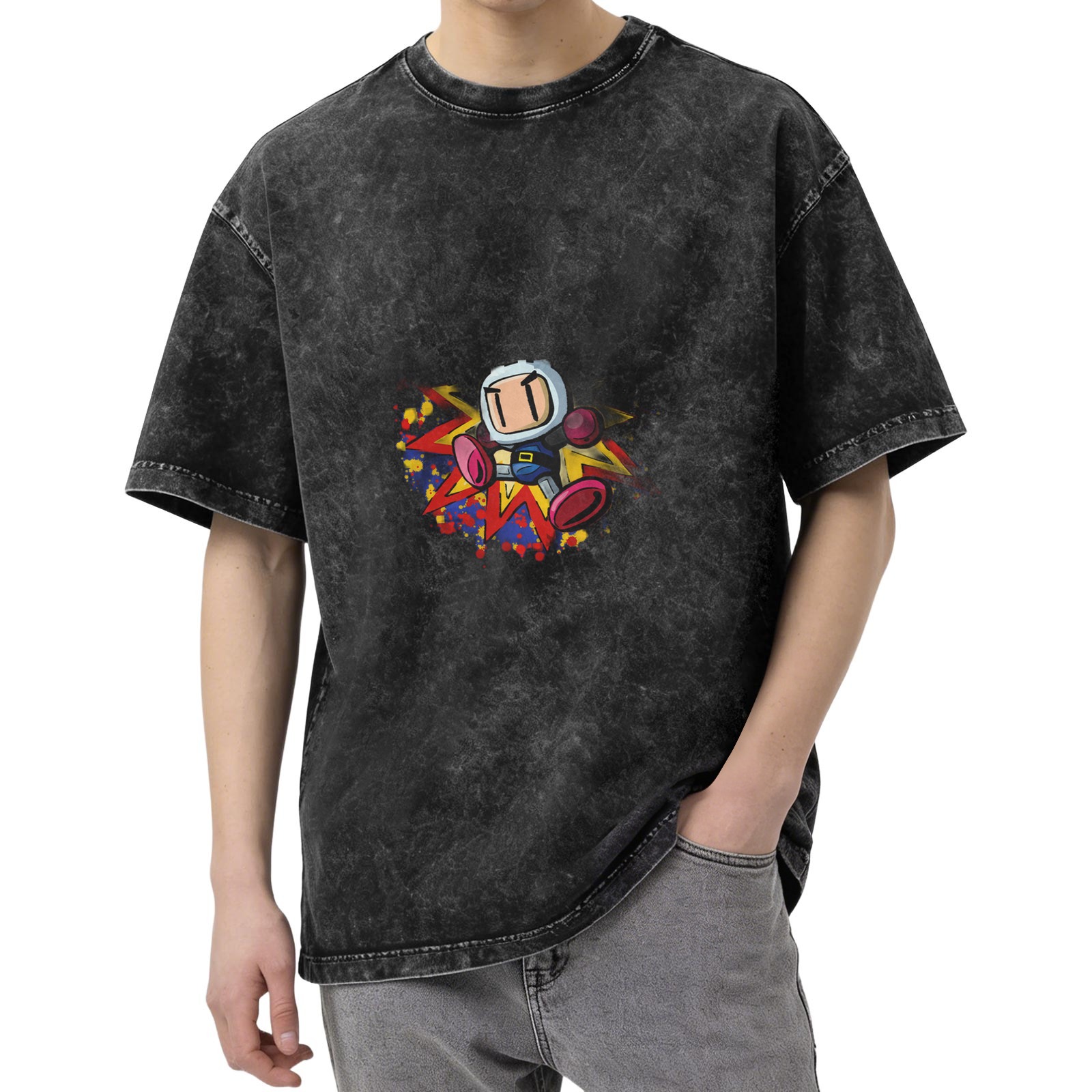 Oversized Acid Wash T-Shirt with Retro Bomberman Graphic Print