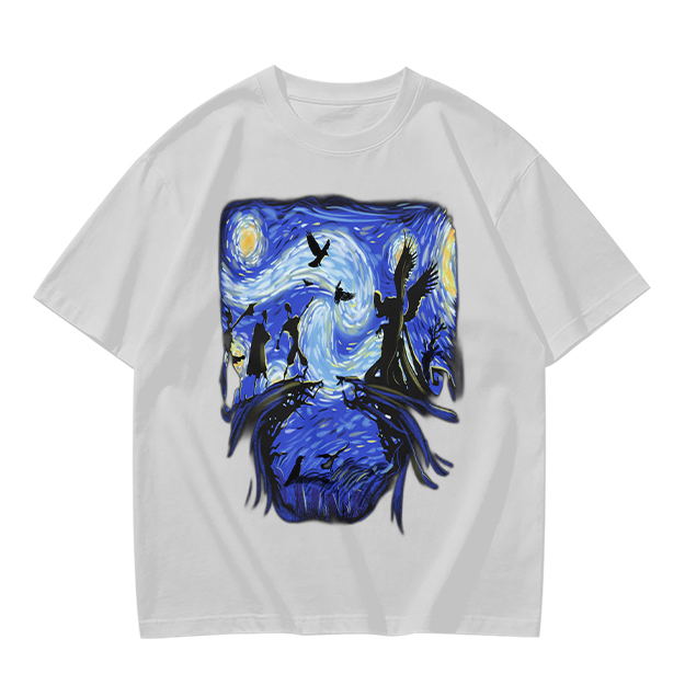 Olive T-Shirt with Starry Night Style Fantasy Art Print