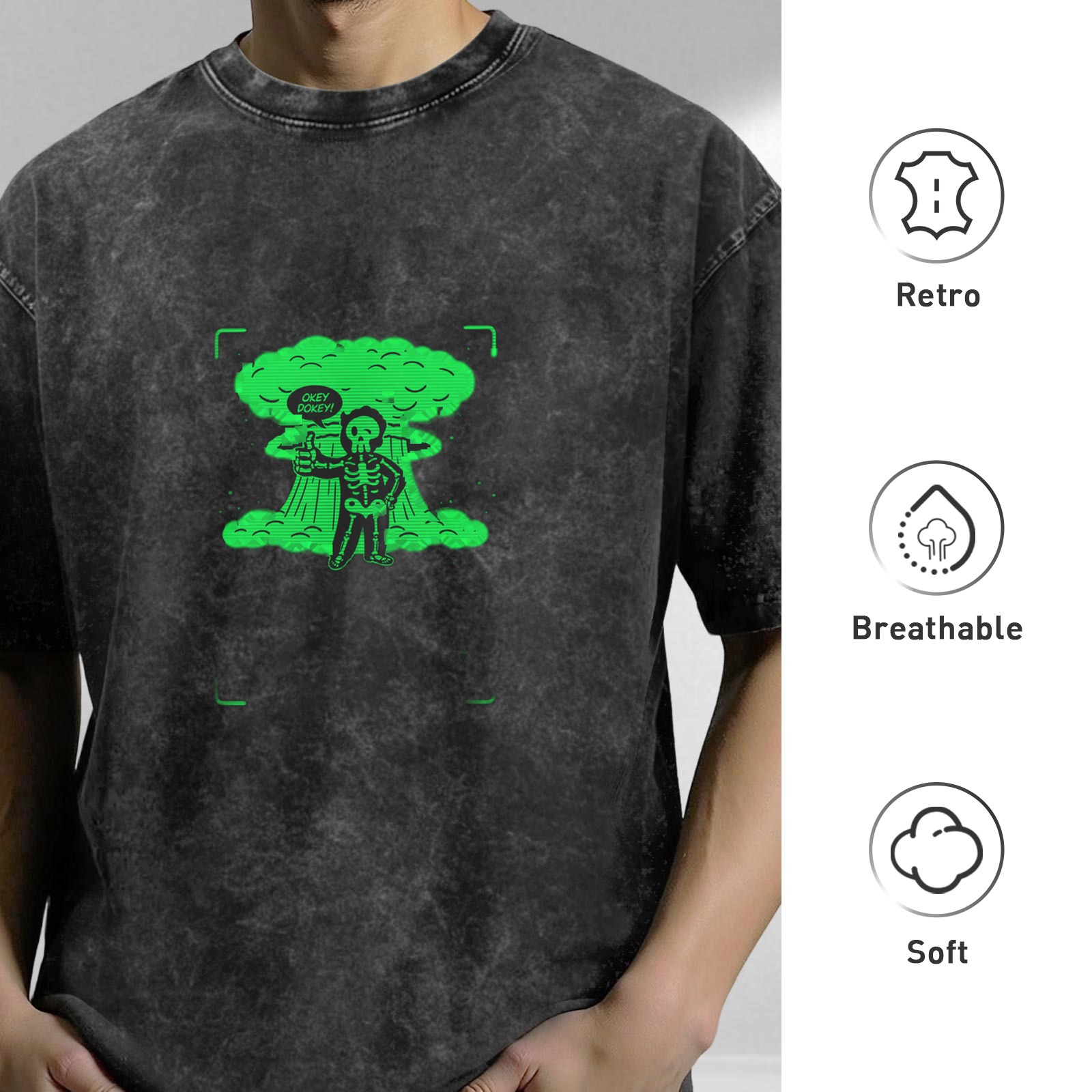 Distressed black nuclear explosion skull middle finger funny printed short-sleeved T-shirt