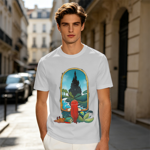 Olive T-Shirt With Mermaid Looking At Castle Art Print