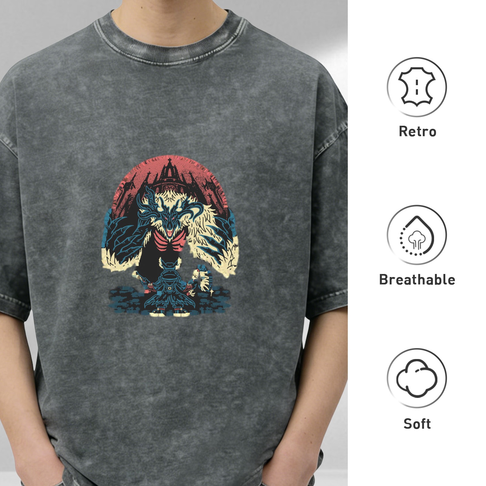 Washed Black Graphic T-Shirt With Fantasy Monster Castle Print