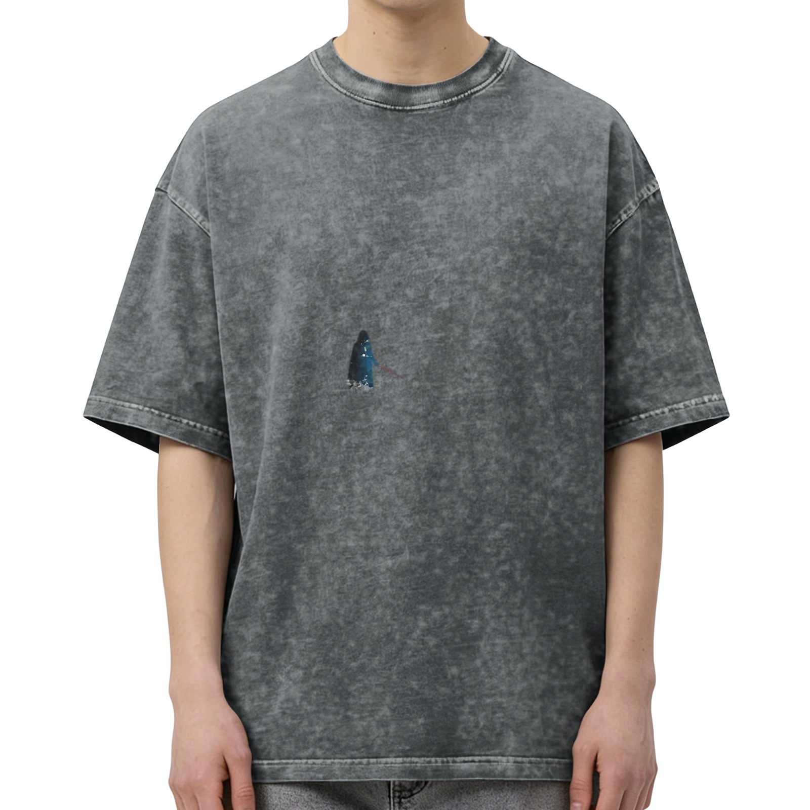 Oversized Black Acid Wash T-Shirt with Small Blue Accent