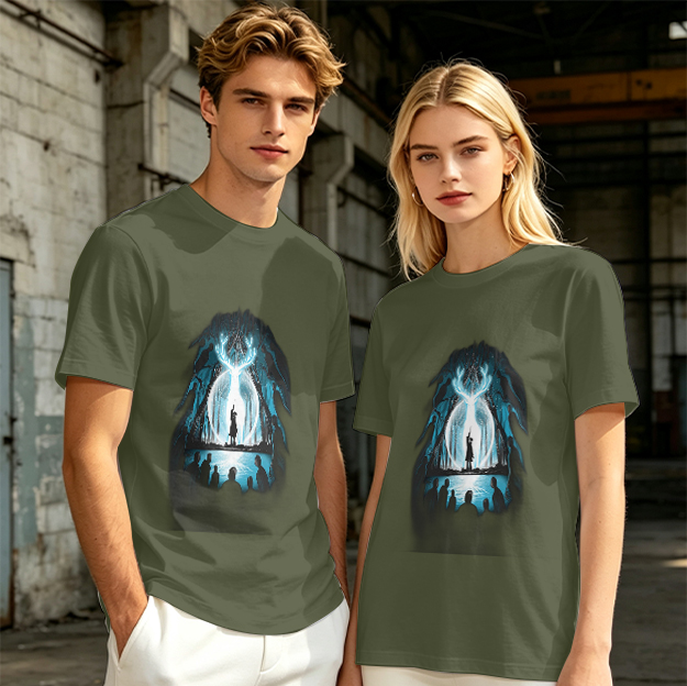 Olive T-Shirt With Glowing Deer Patronus Silhouette Art Print
