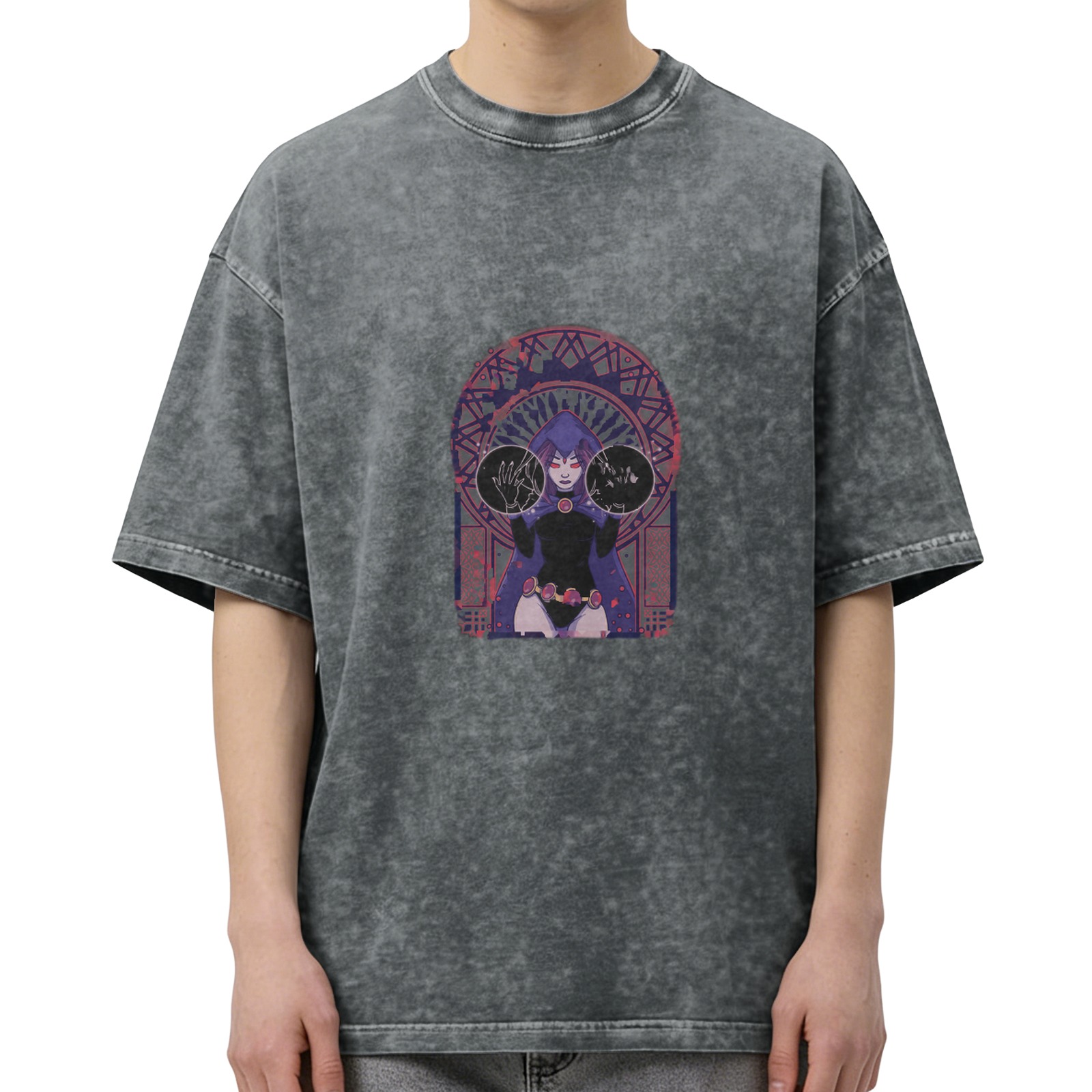 Distressed washed black loose short-sleeved T-shirt Anime character print on the chest Casual crew neck top