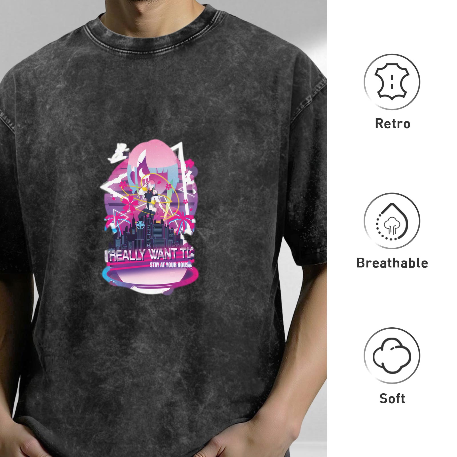 Washed black graphic t-shirt with anime cityscape and text print