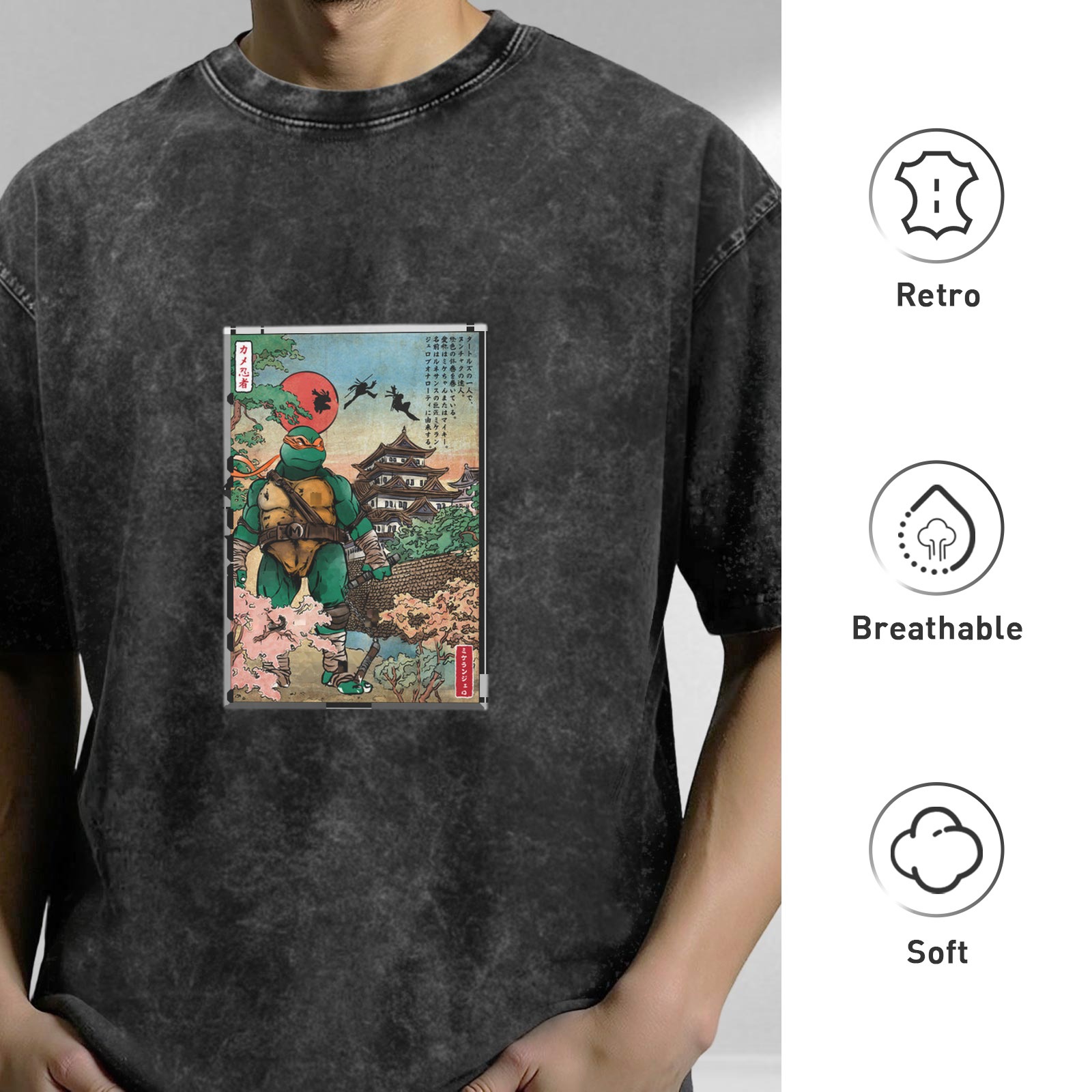 Washed black t-shirt with ninja turtle ukiyo-e style graphic