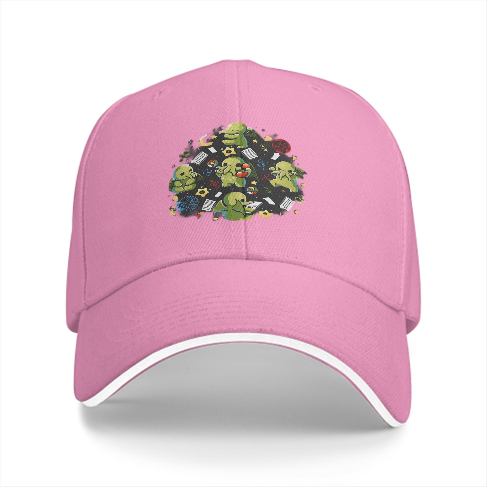 Black Baseball Cap With Cute Cthulhu Themed Print