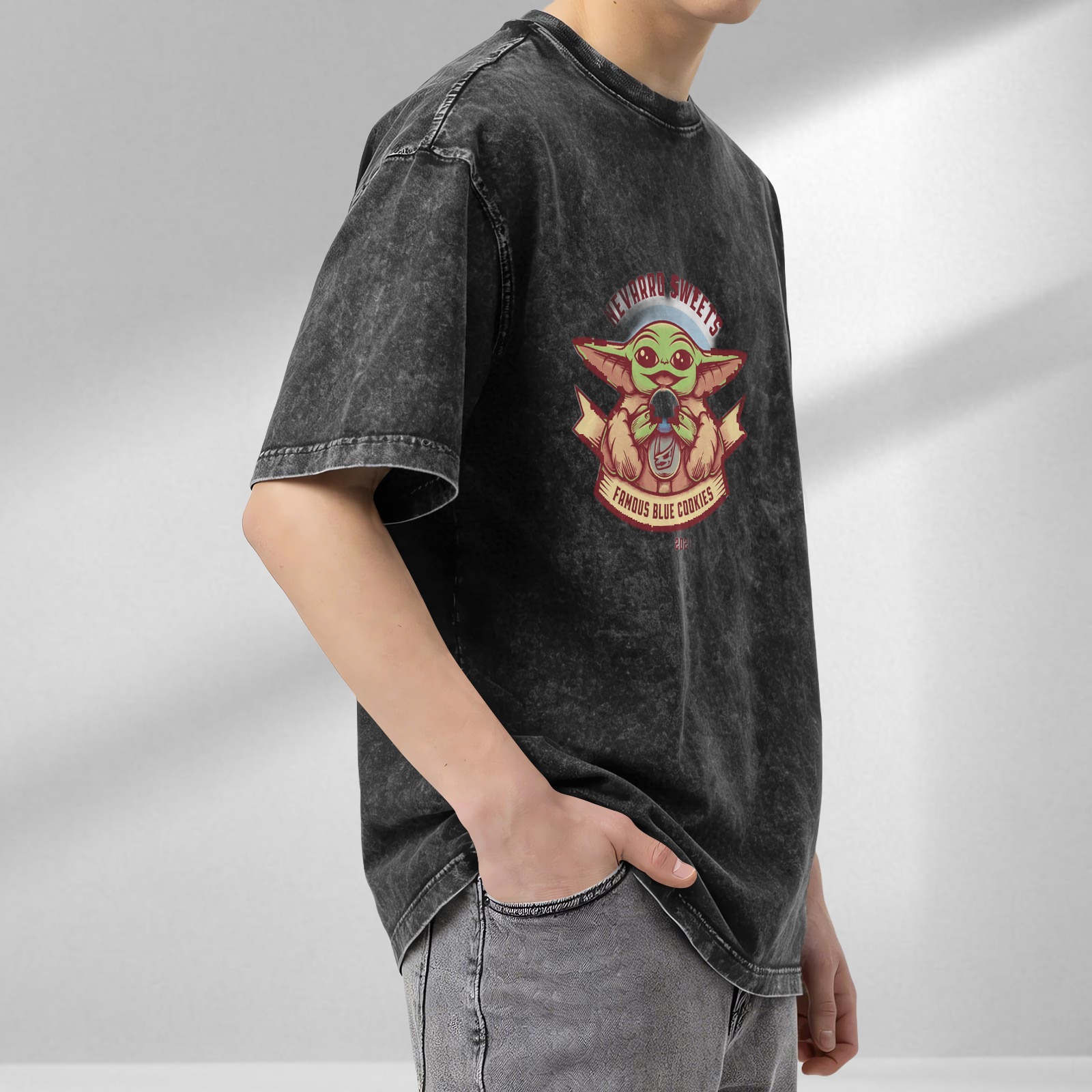 Baby Yoda Nevarro Sweets Famous Blue Cookies Acid Wash T-Shirt