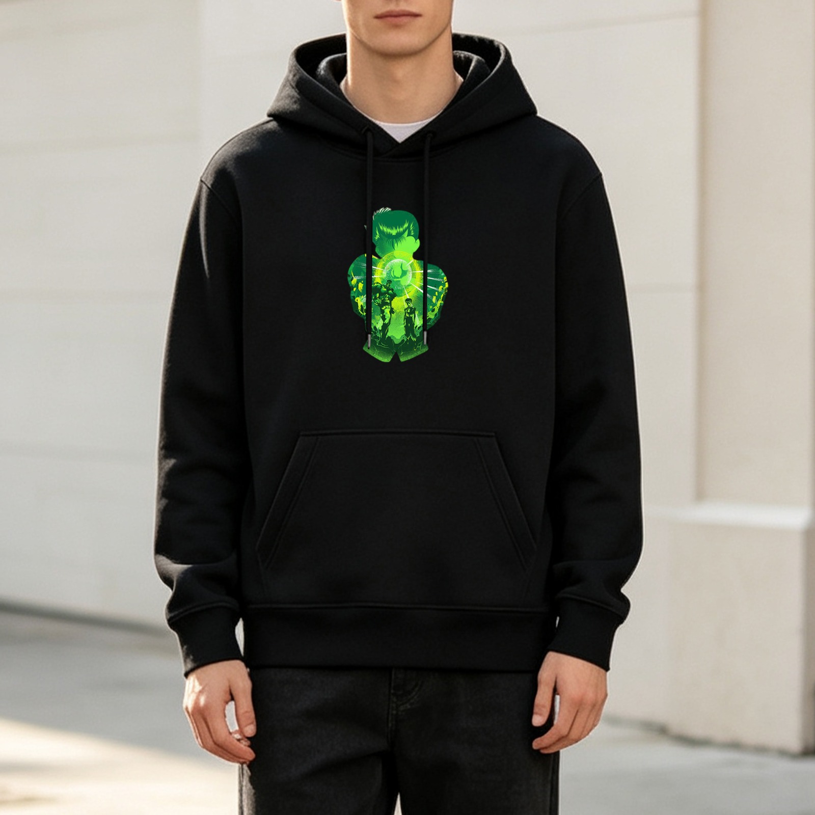 Black Hoodie With Glowing Green Superhero Silhouette Art