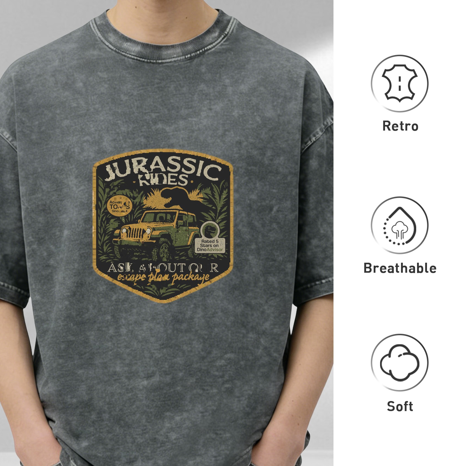 Jurassic Rides Graphic Print Acid Wash Oversized T-Shirt