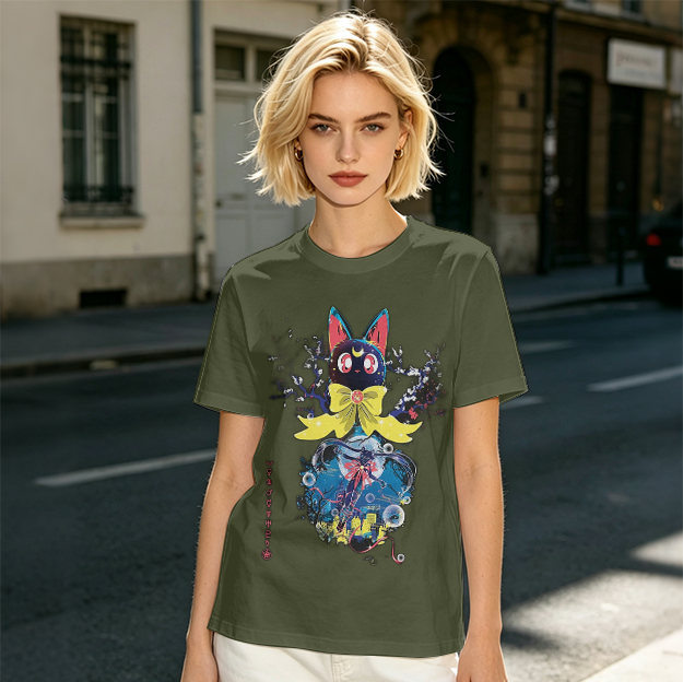 Olive T-Shirt with Black Cat Anime Art Print