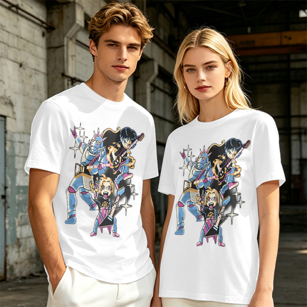 Olive T-shirt with Anime Rock Band Characters Graphic