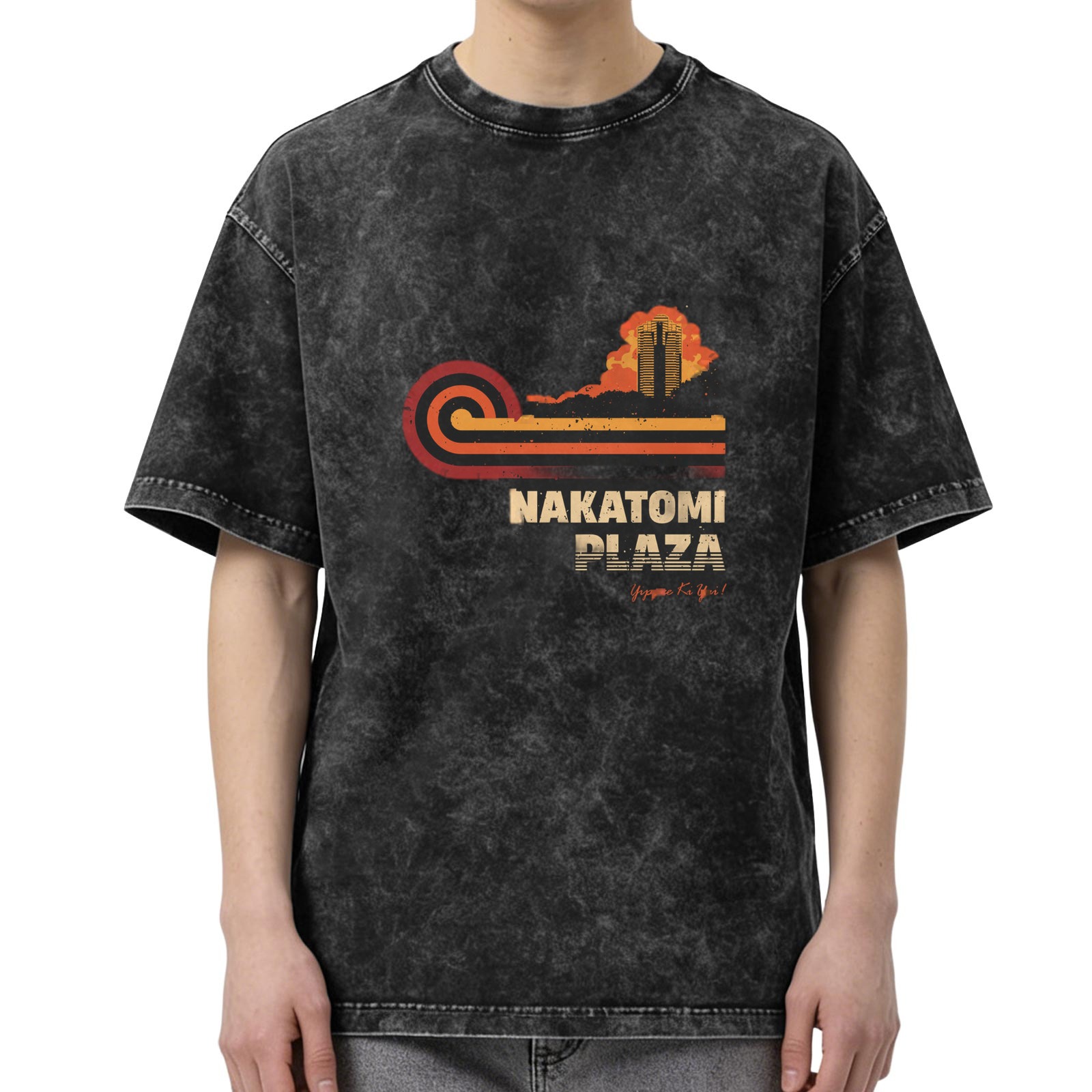 Nakatomi Plaza retro printed distressed washed black loose short-sleeved T-shirt