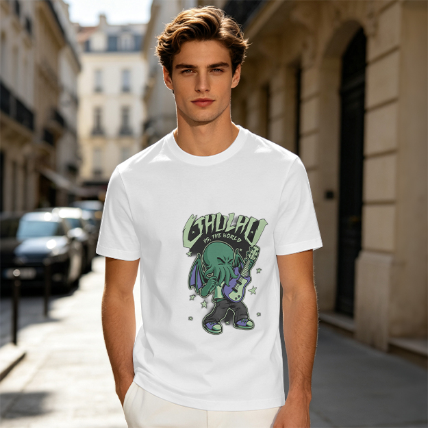 Olive T-Shirt Featuring Chibi Cthulhu Rocking a Guitar