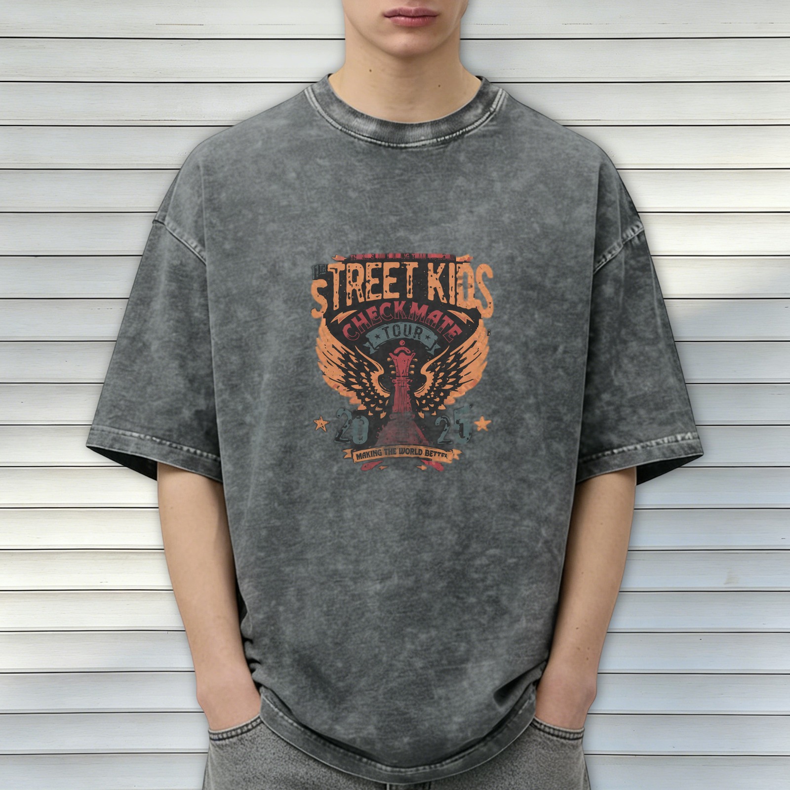 Washed black graphic tee with Street Kids Checkmate Tour 2025 print