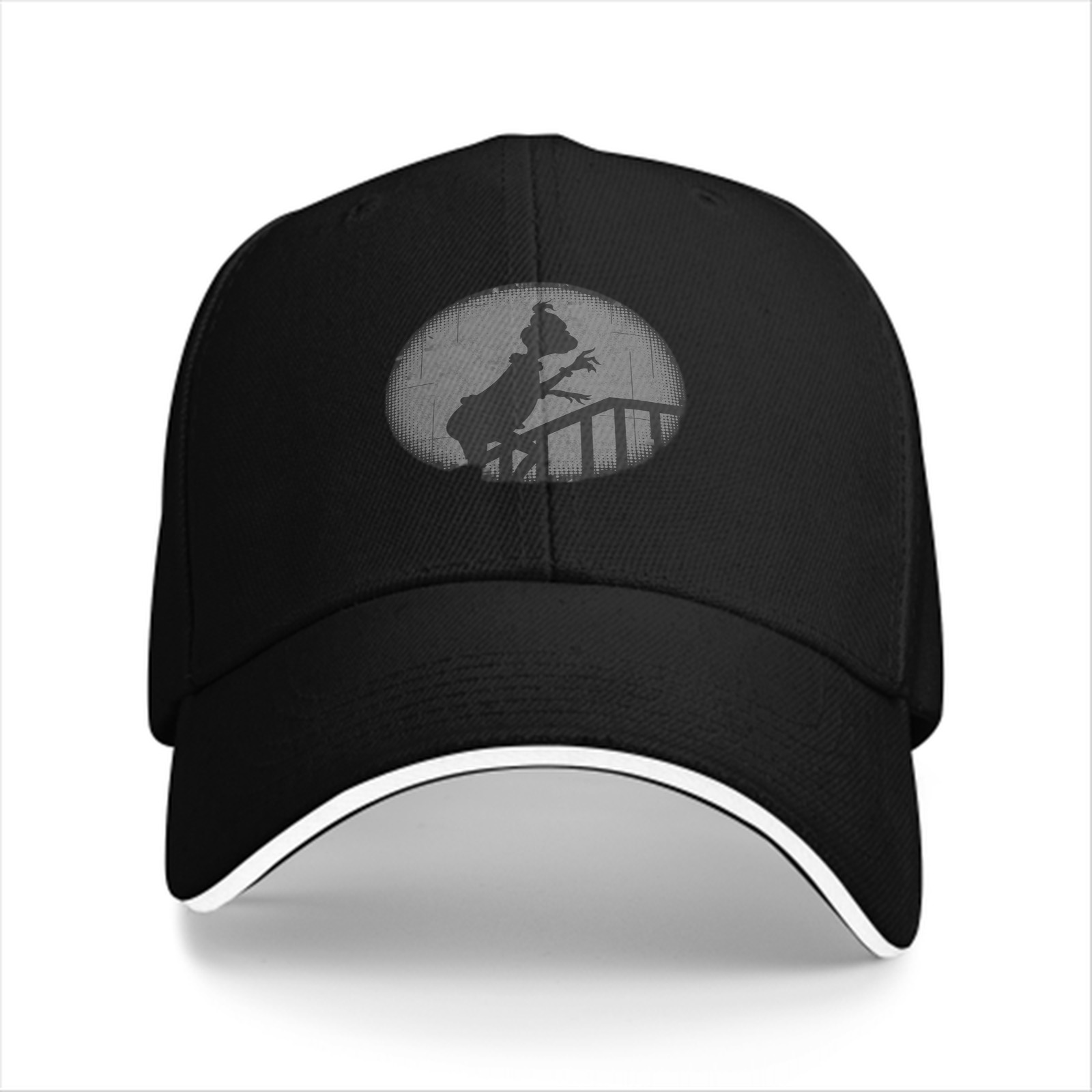 Black baseball cap with Grinch silhouette on staircase design