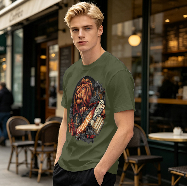 Olive T-Shirt With Lion Courage Themed Fantasy Art Print