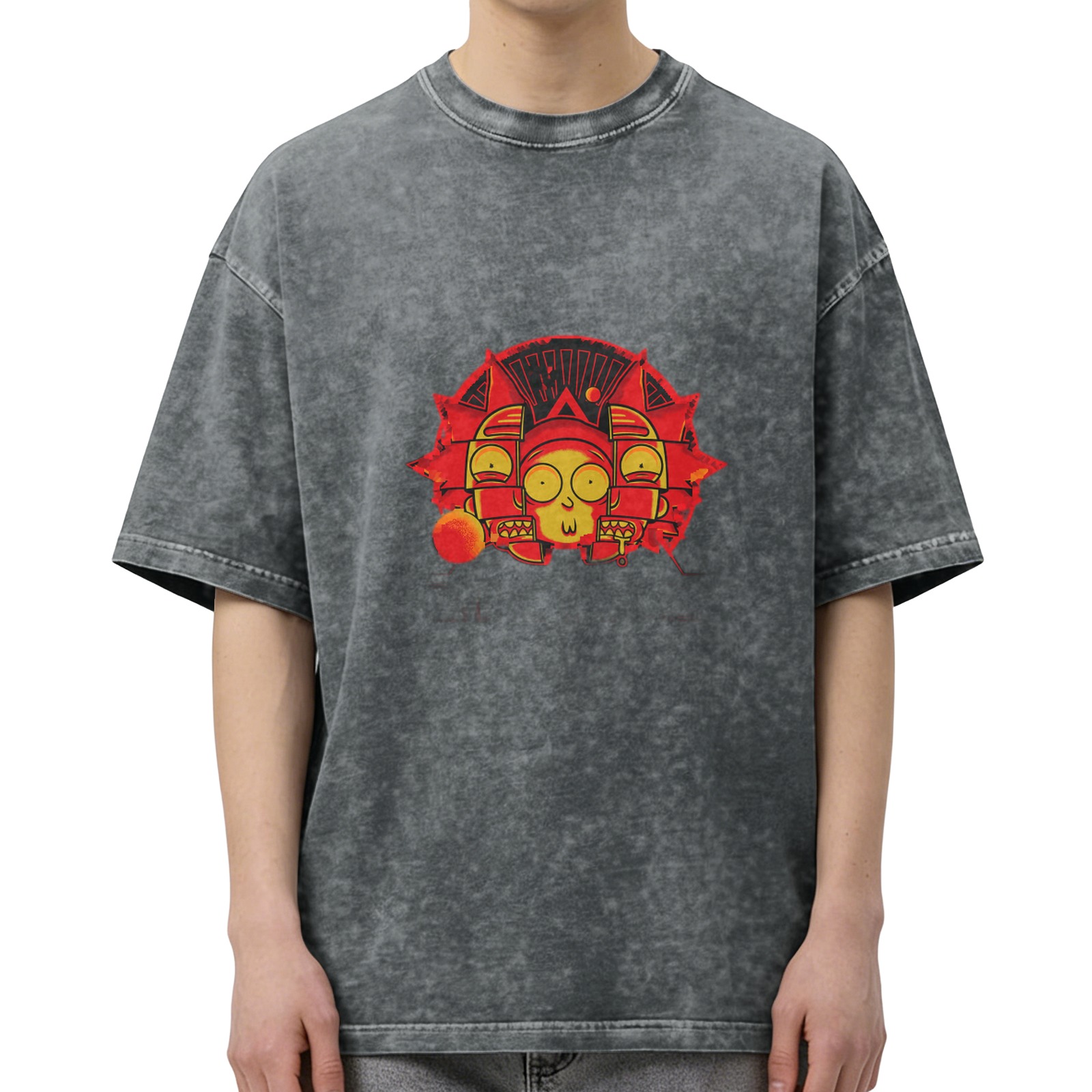 Washed Black T-Shirt With Red And Yellow Cartoon Graphic Print