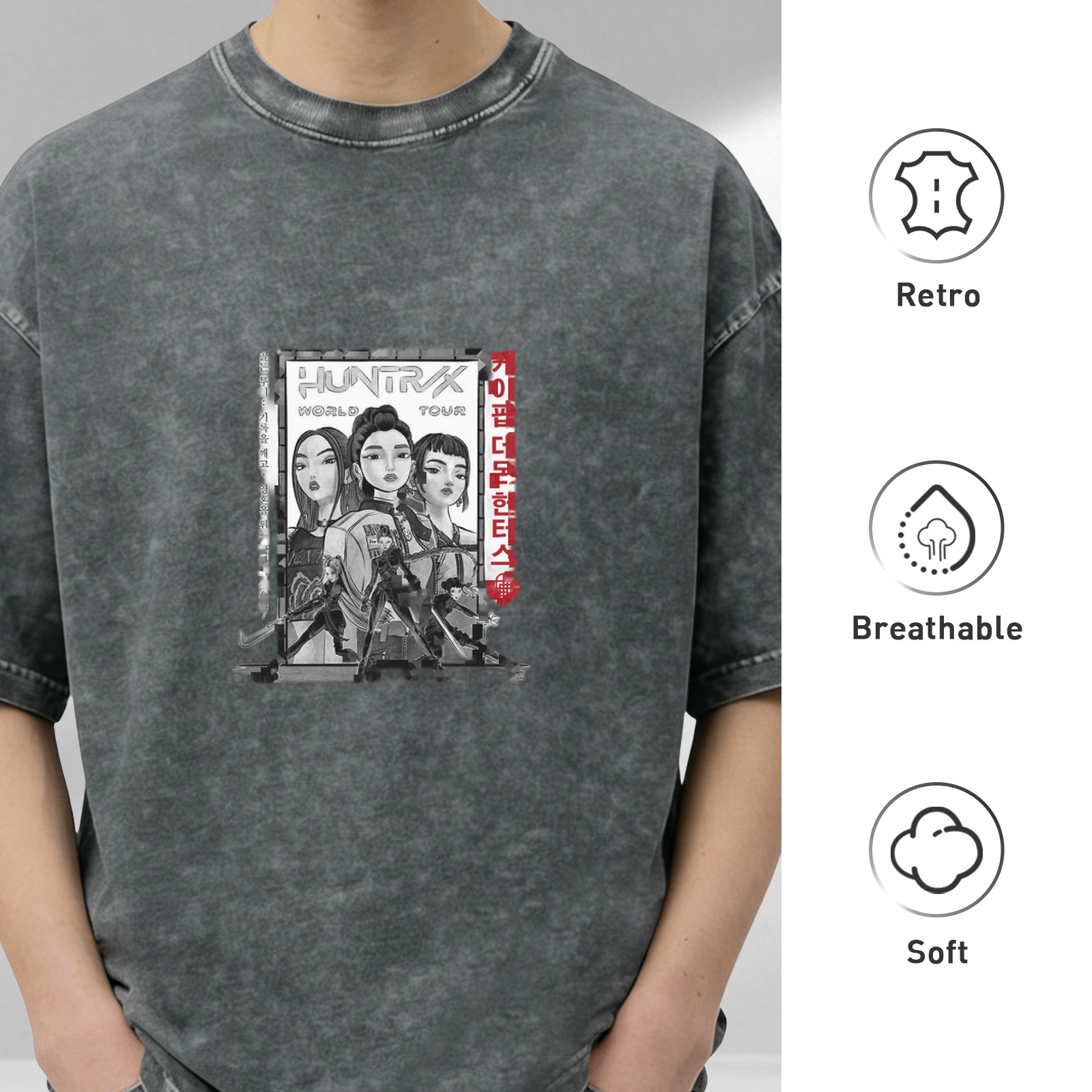 Oversized Black Acid Wash T-Shirt with Anime Girl Graphic Print