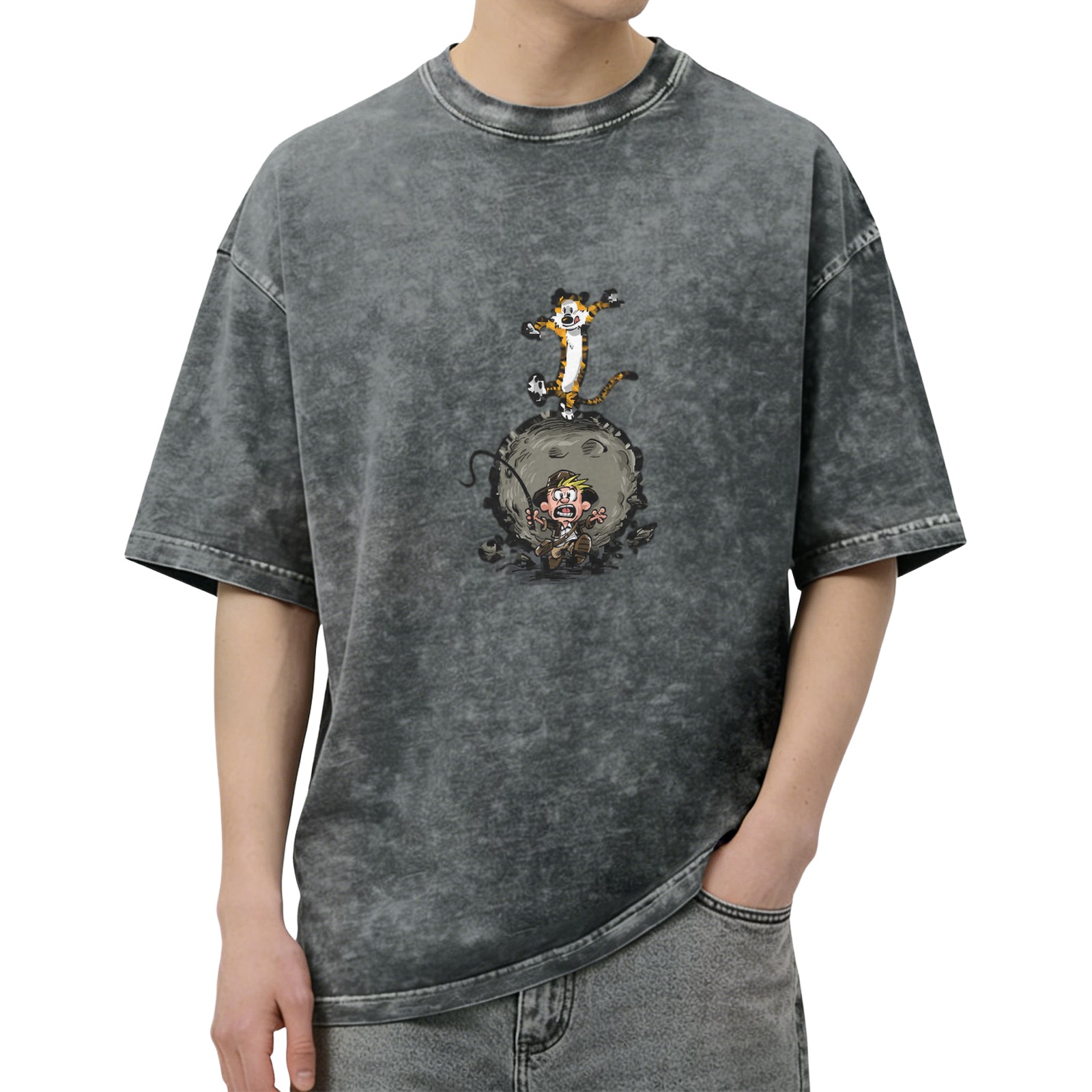 Washed black graphic t-shirt with cartoon tiger and boy design