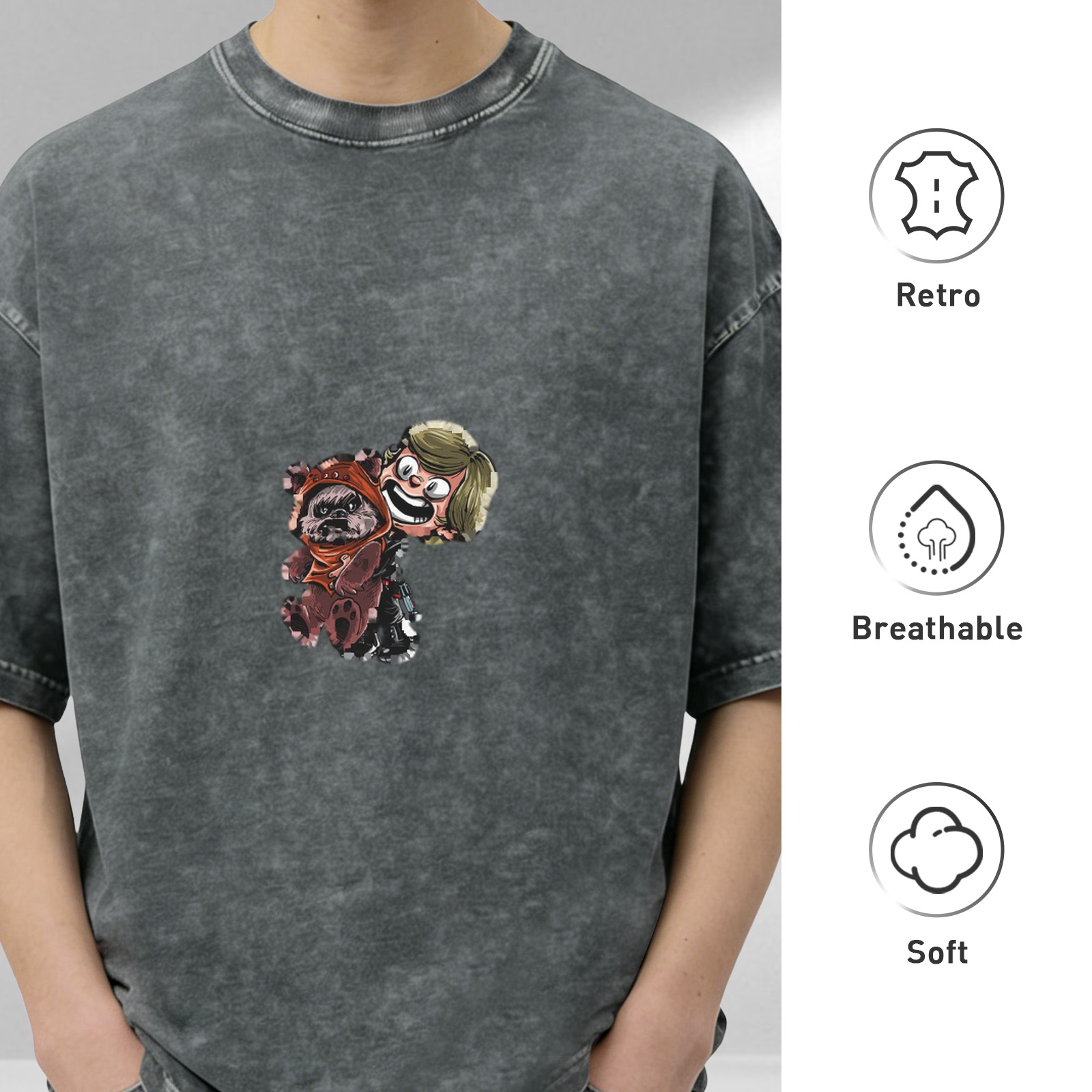 Distressed washed black loose short-sleeved T-shirt Cartoon character print Casual crew neck top
