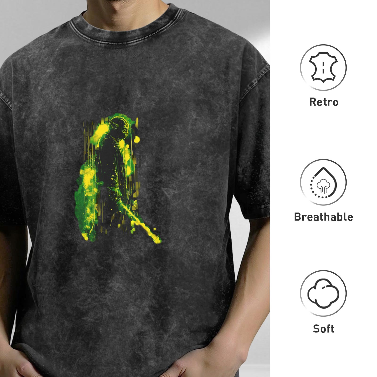 Oversized Acid Wash T-Shirt With Abstract Green Yellow Figure Print