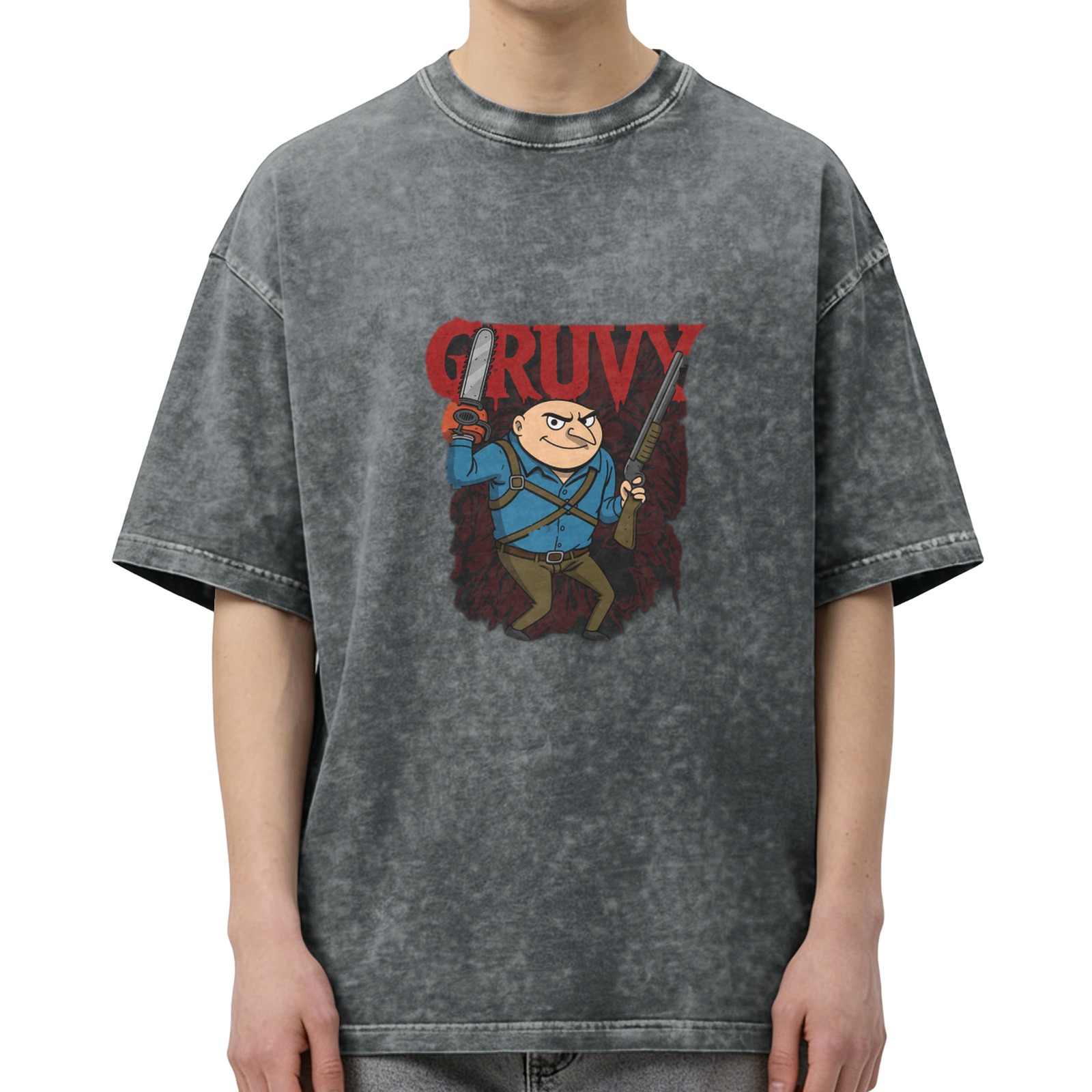 Washed Black T-Shirt With Gruvy Chainsaw Gun Cartoon Print