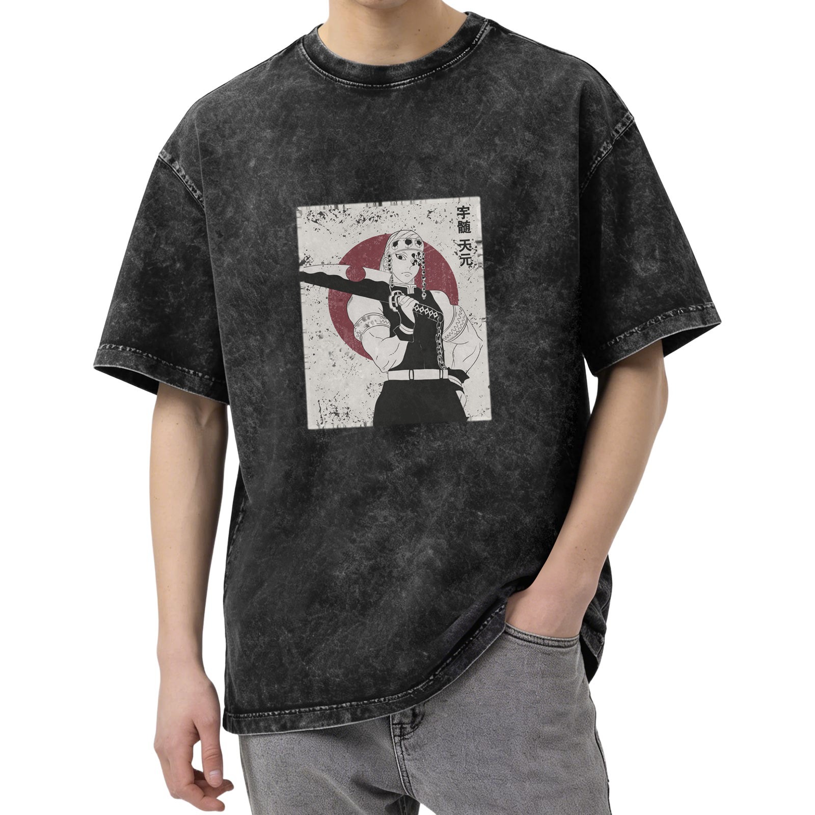 Demon Slayer: Kimetsu no Yaiba Umui Tengen themed distressed washed black short-sleeved T-shirt