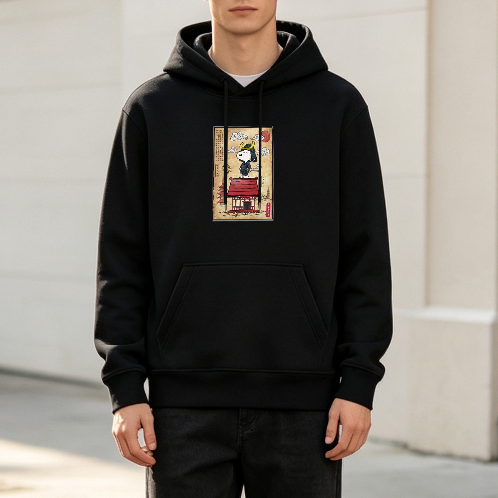 Black Hoodie With Samurai Snoopy Japanese Art Print