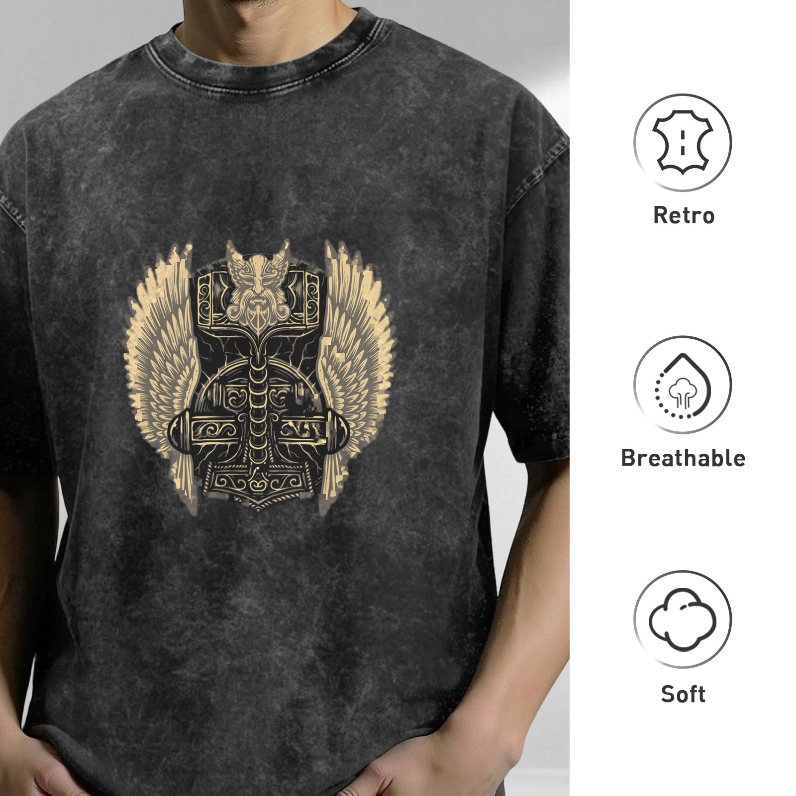 Viking Mjolnir Hammer Graphic Stonewashed Black T-Shirt