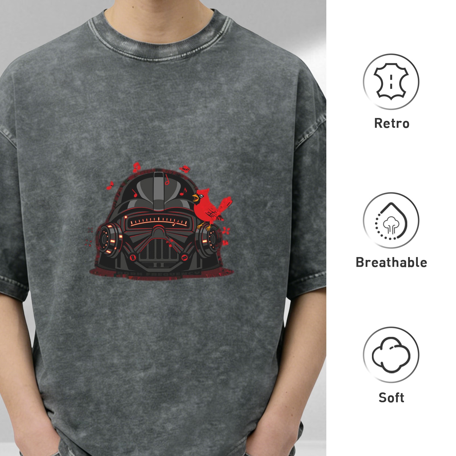 Oversized acid wash t-shirt with Darth Vader helmet and cardinal bird graphic