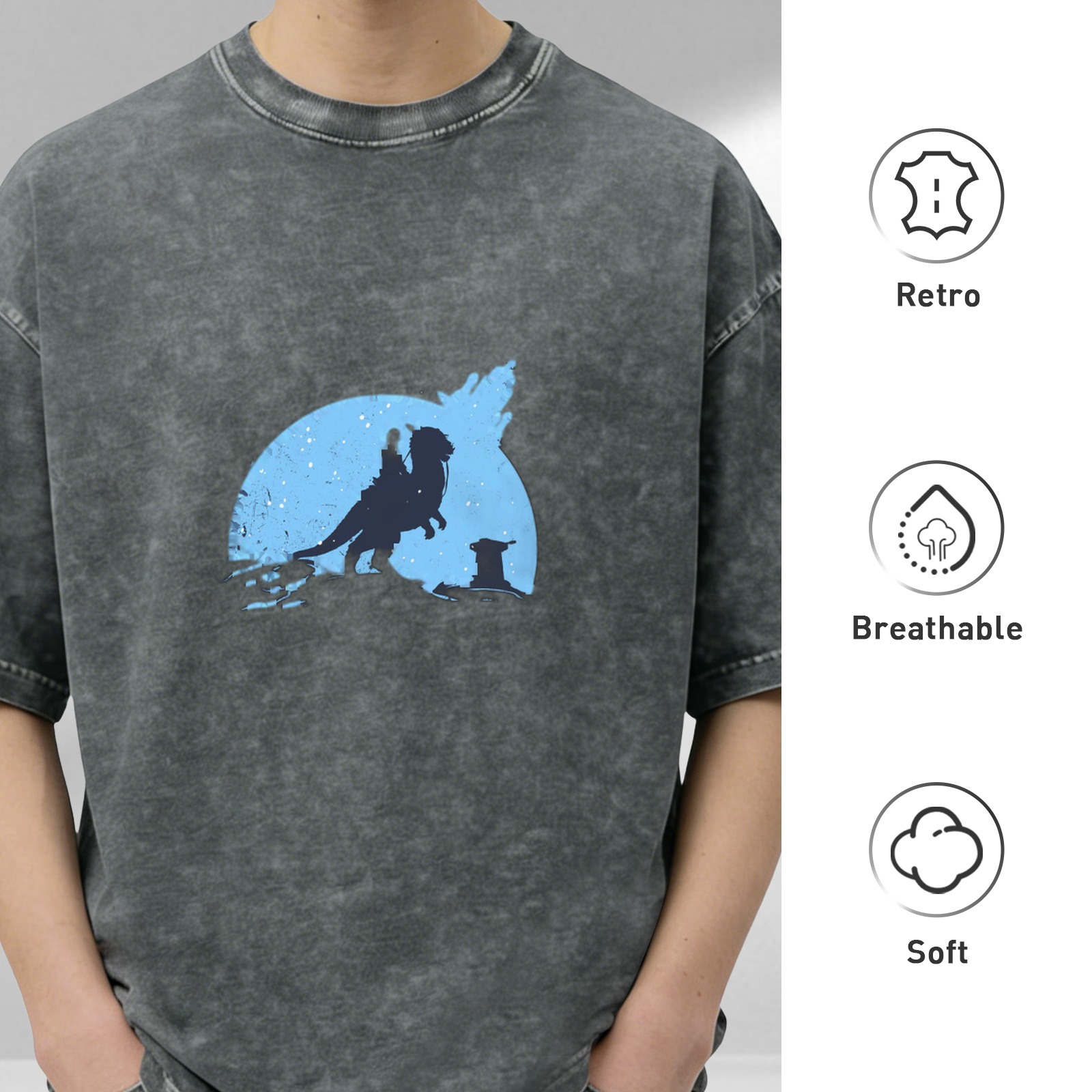 Washed Black T-Shirt With Sci-Fi Creature Rider Silhouette Graphic
